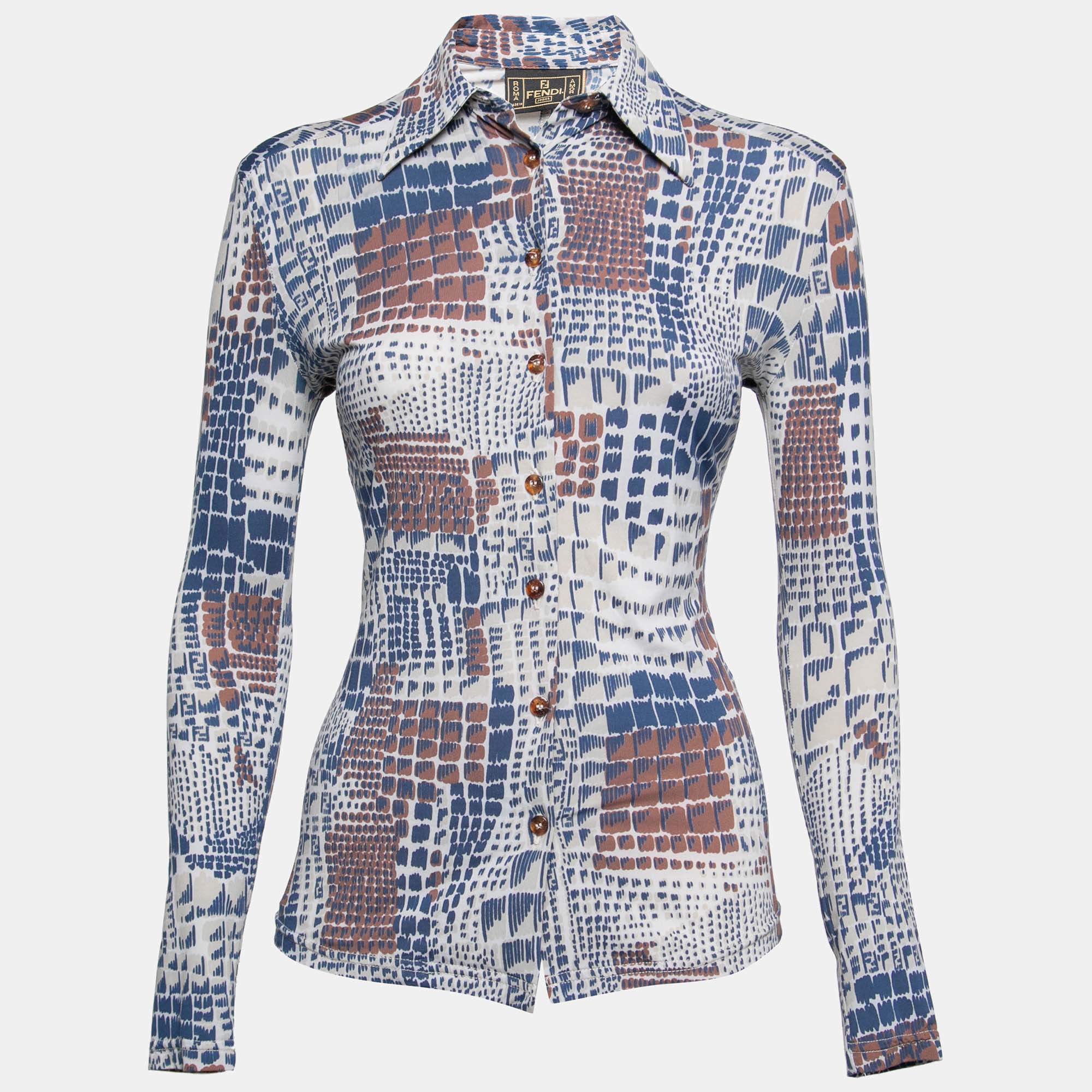 مملوكة مسبقًا قميص فندي جيرسية مطبوع متعدد الألوان أكمام طويلة مقاس متوسط (ميديوم)