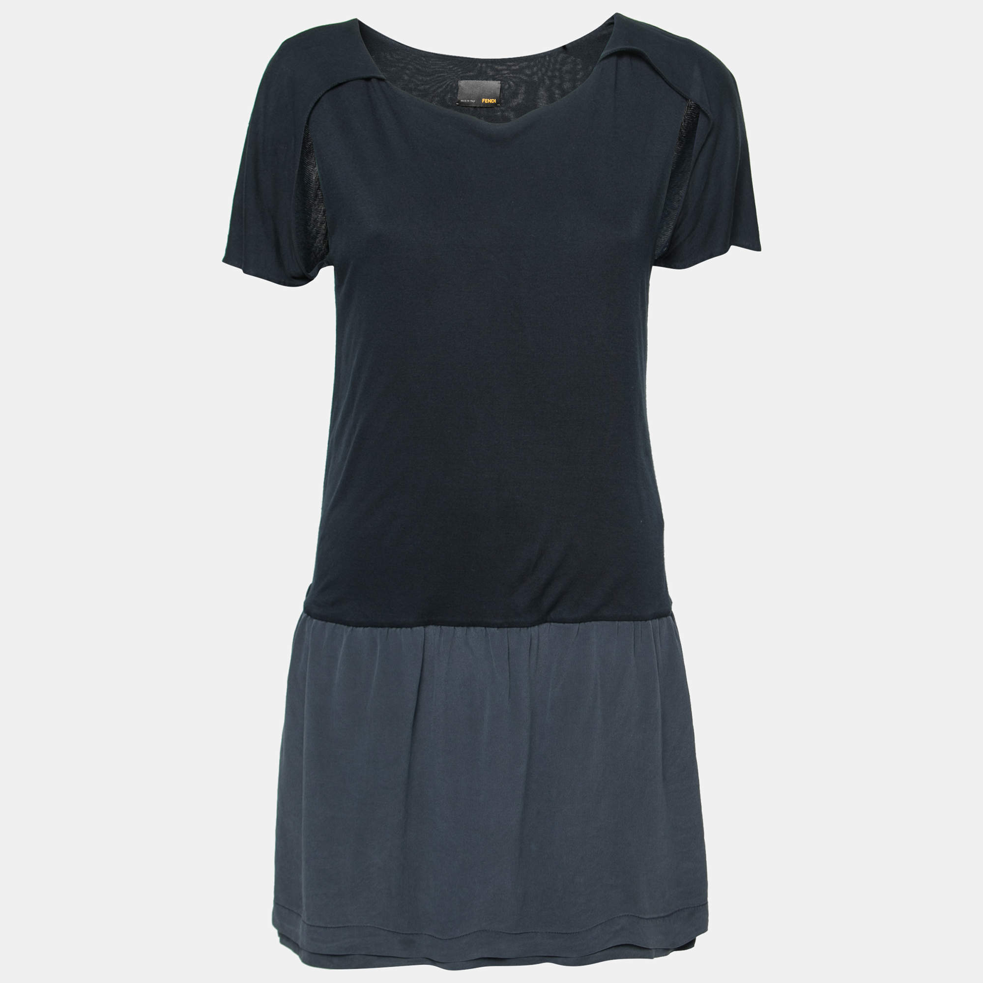 Pre Owned Fendi Navy Blue Jersey & Silk Cut-Out Sleeve Detailed Dress S