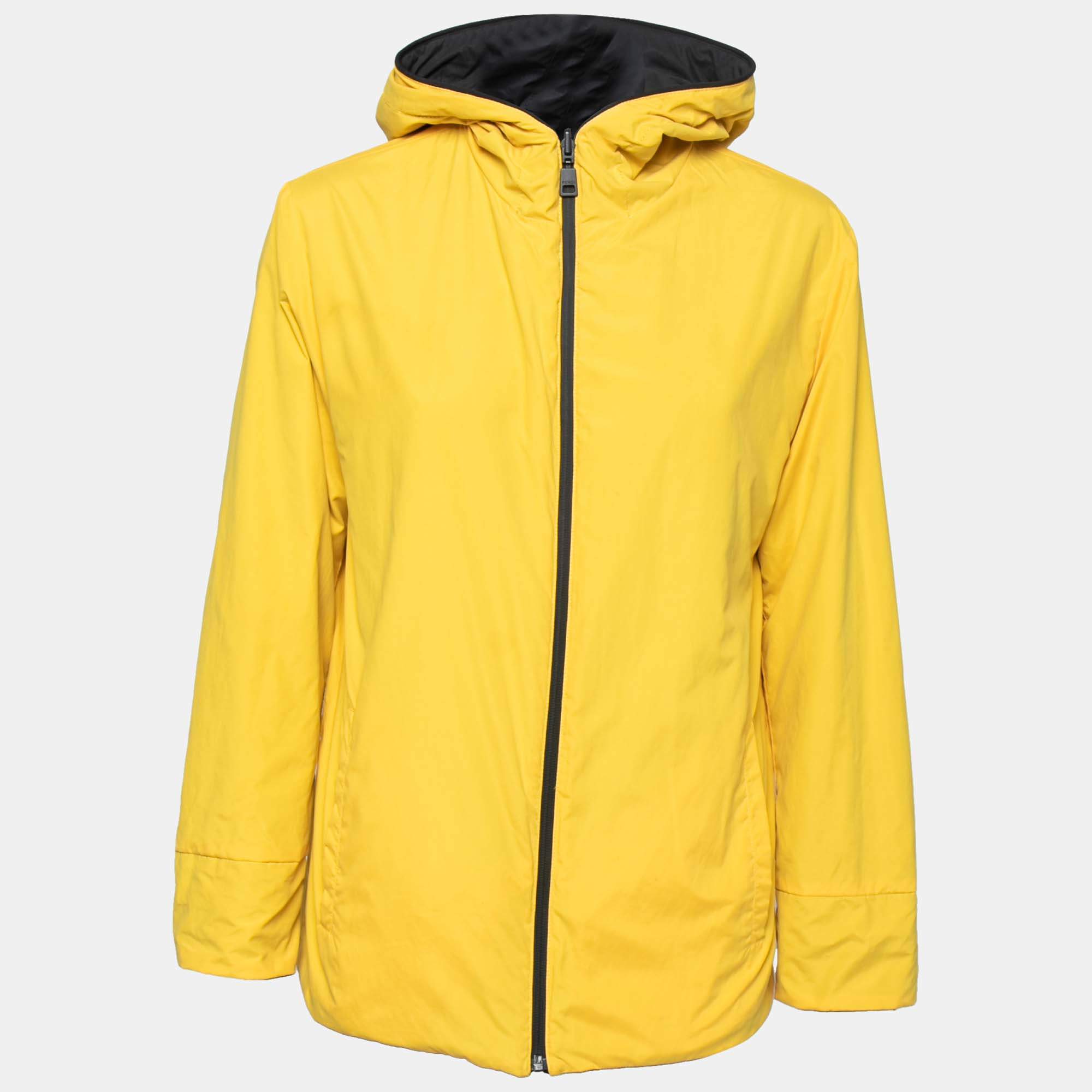 Pre Owned Fendi Black and Yellow Synthetic Windbreaker Hooded Jacket S