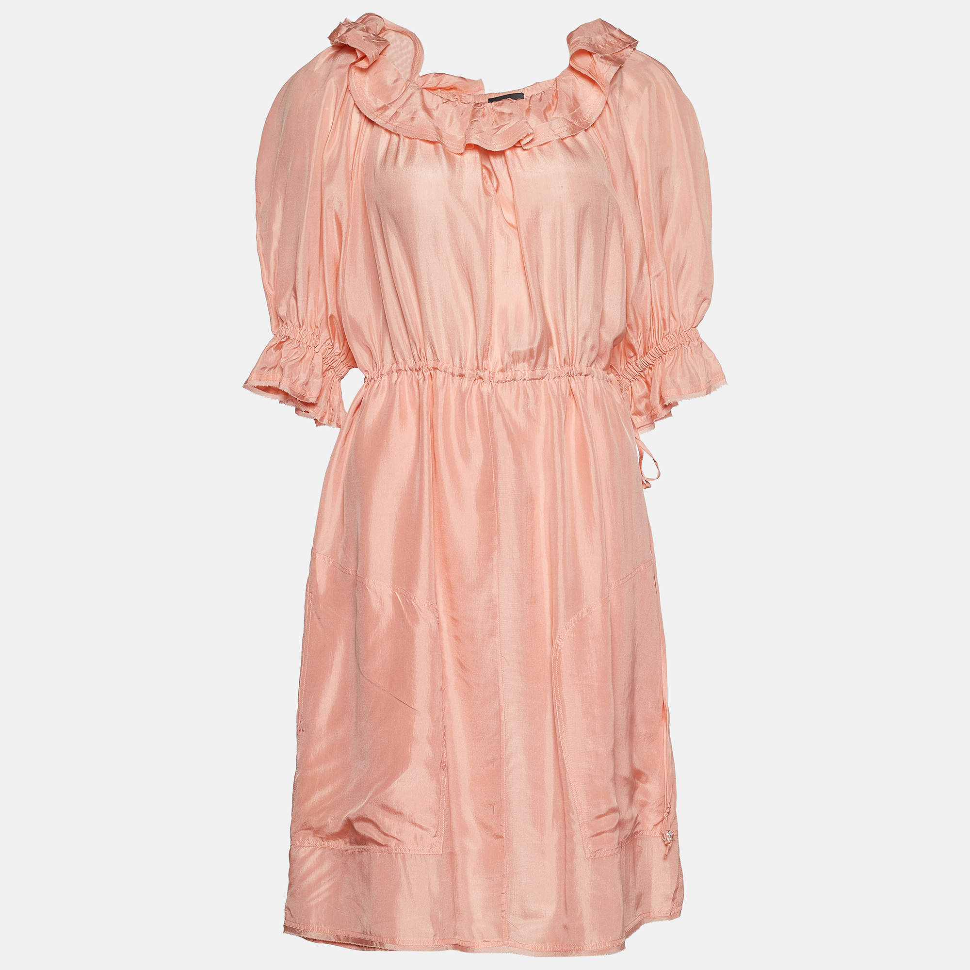 Pre Owned Fendi Pink Silk Ruffled Knee-Length Dress M