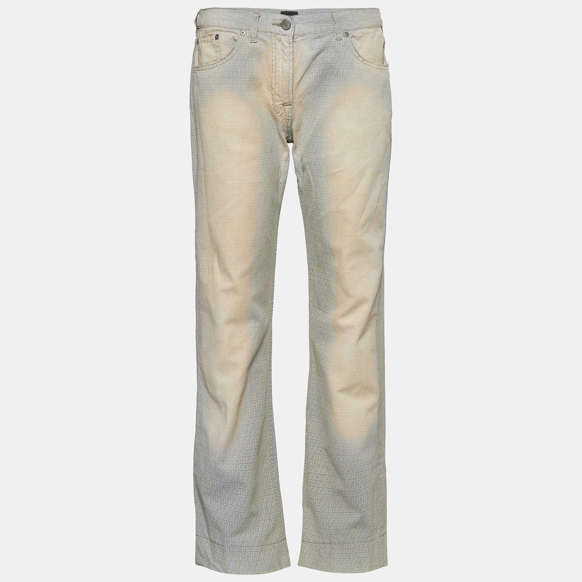 Pre Owned Fendi Vintage Cream FF Denim Straight Fit Jeans L Waist 31.5"