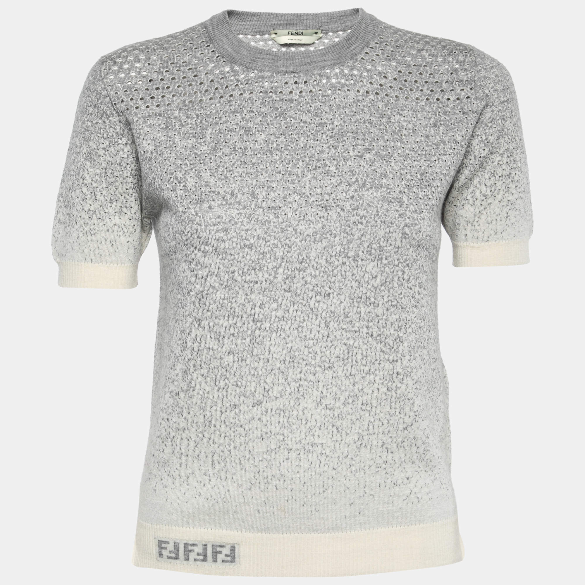 Pre Owned Fendi Grey Gradient Perforated Cashmere Knit Pullover Top S