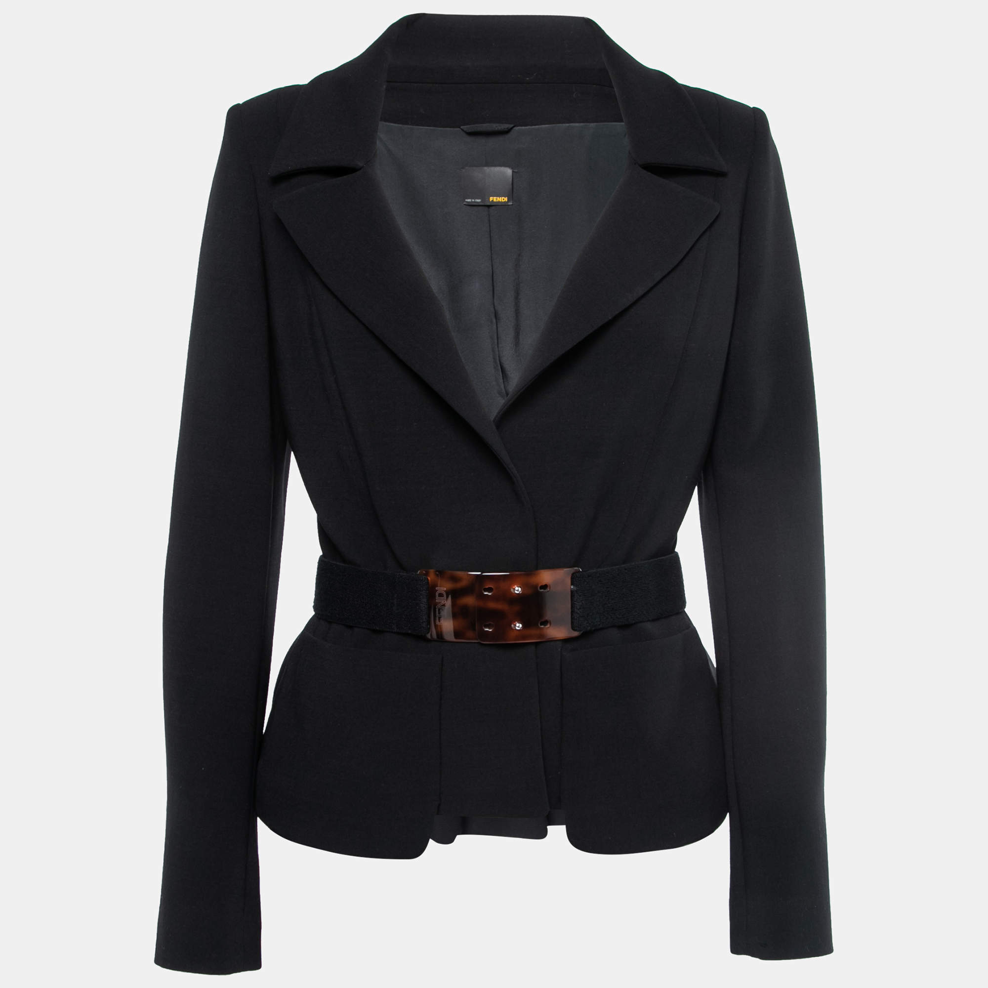 Pre Owned Fendi Black Wool Pleated Detail Belted Blazer M