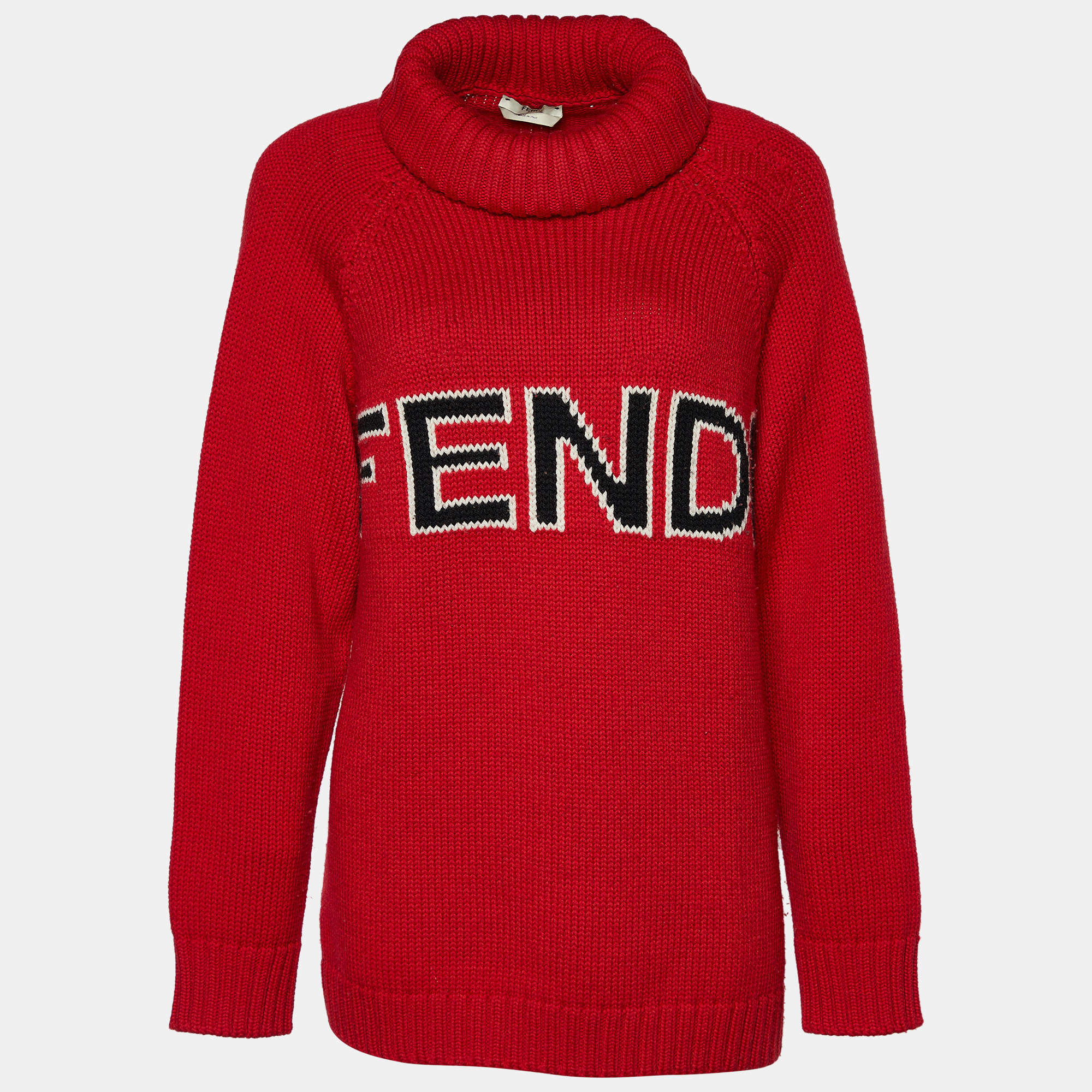 Pre Owned Fendi Red Intarsia Logo Fleece Wool Turtle Neck Sweater S