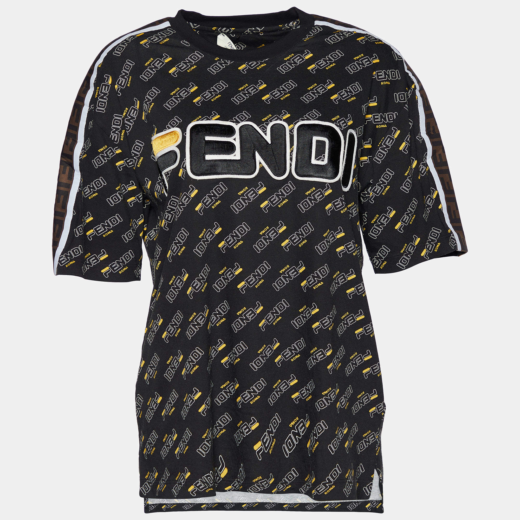 Pre Owned Fendi Black Logo Printed & Appliqued Cotton Crew Neck T-Shirt M