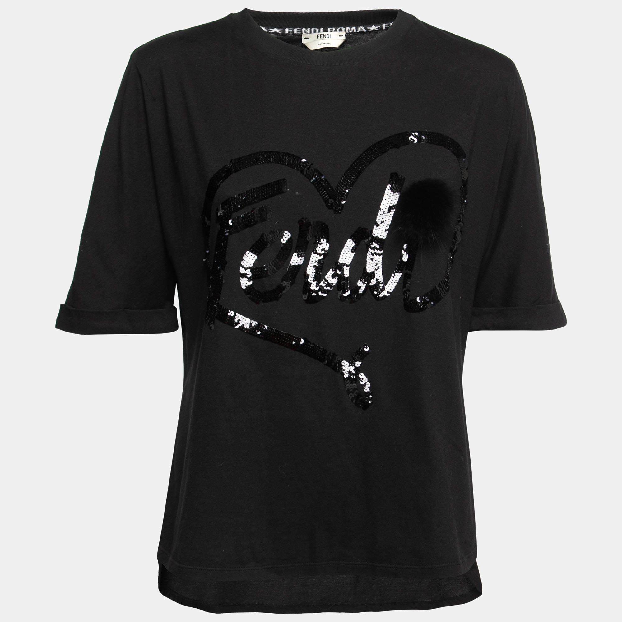 Pre Owned Fendi Black Cotton Sequin Logo Embellished Short Sleeve T-Shirt M 