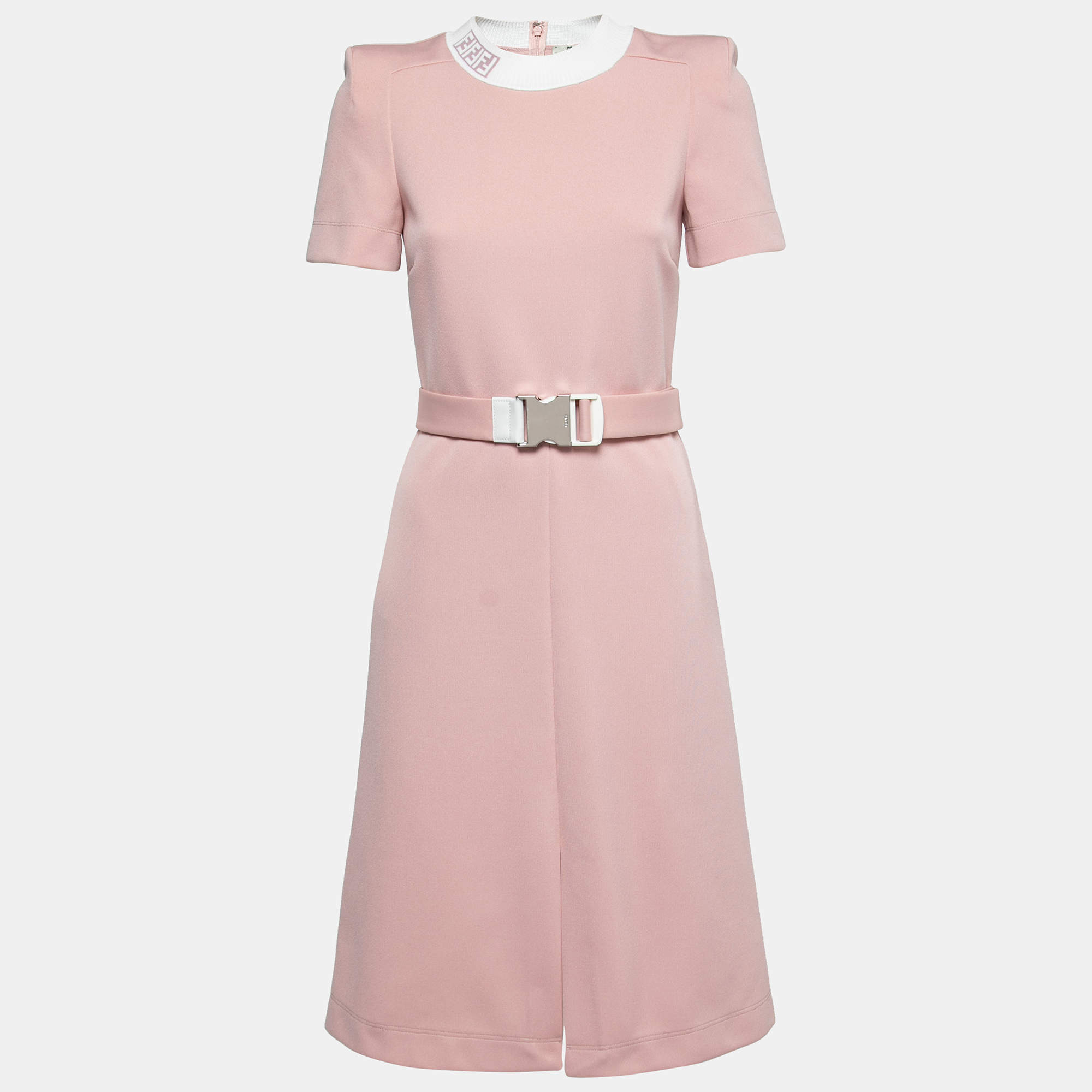 مملوكة مسبقًا Fendi Pink Crepe Rib Knit Collar Detail Belted Midi Dress S