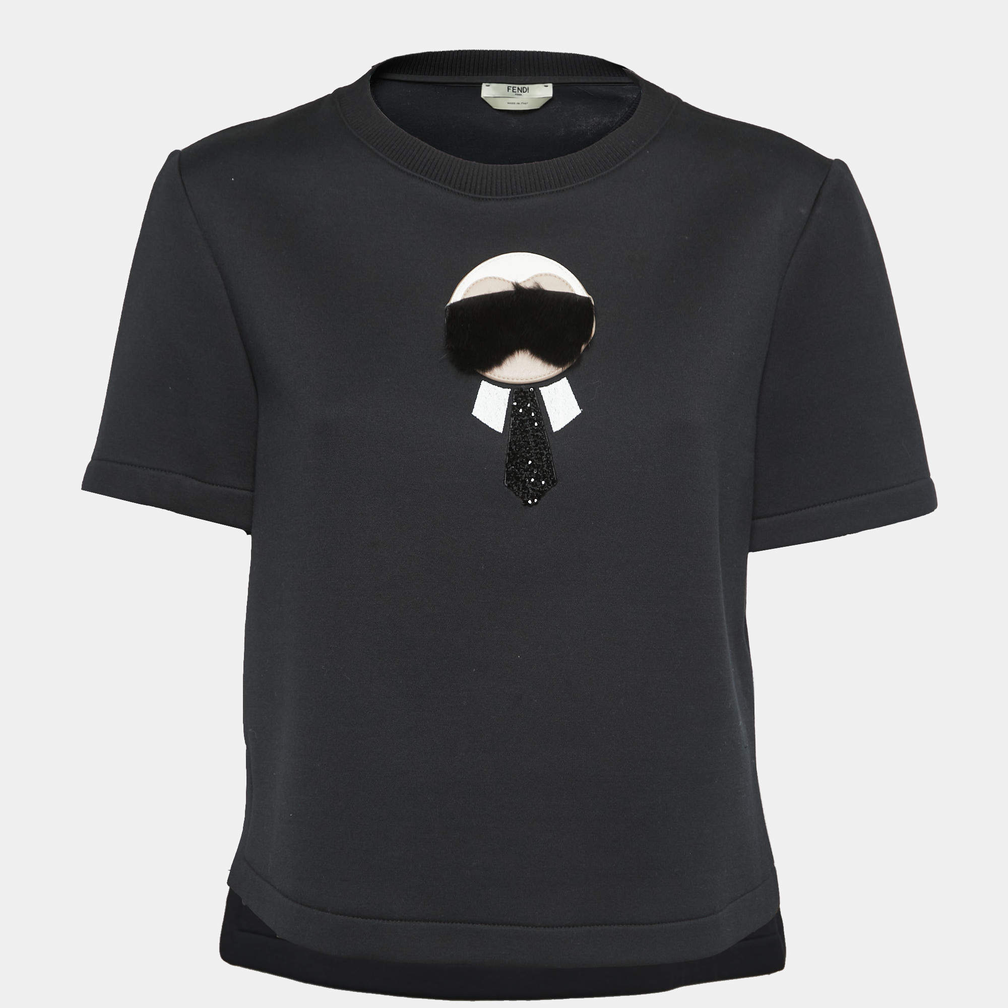 Pre Owned Fendi Black Cotton Knit Karlito Patch Crewneck T-Shirt M
