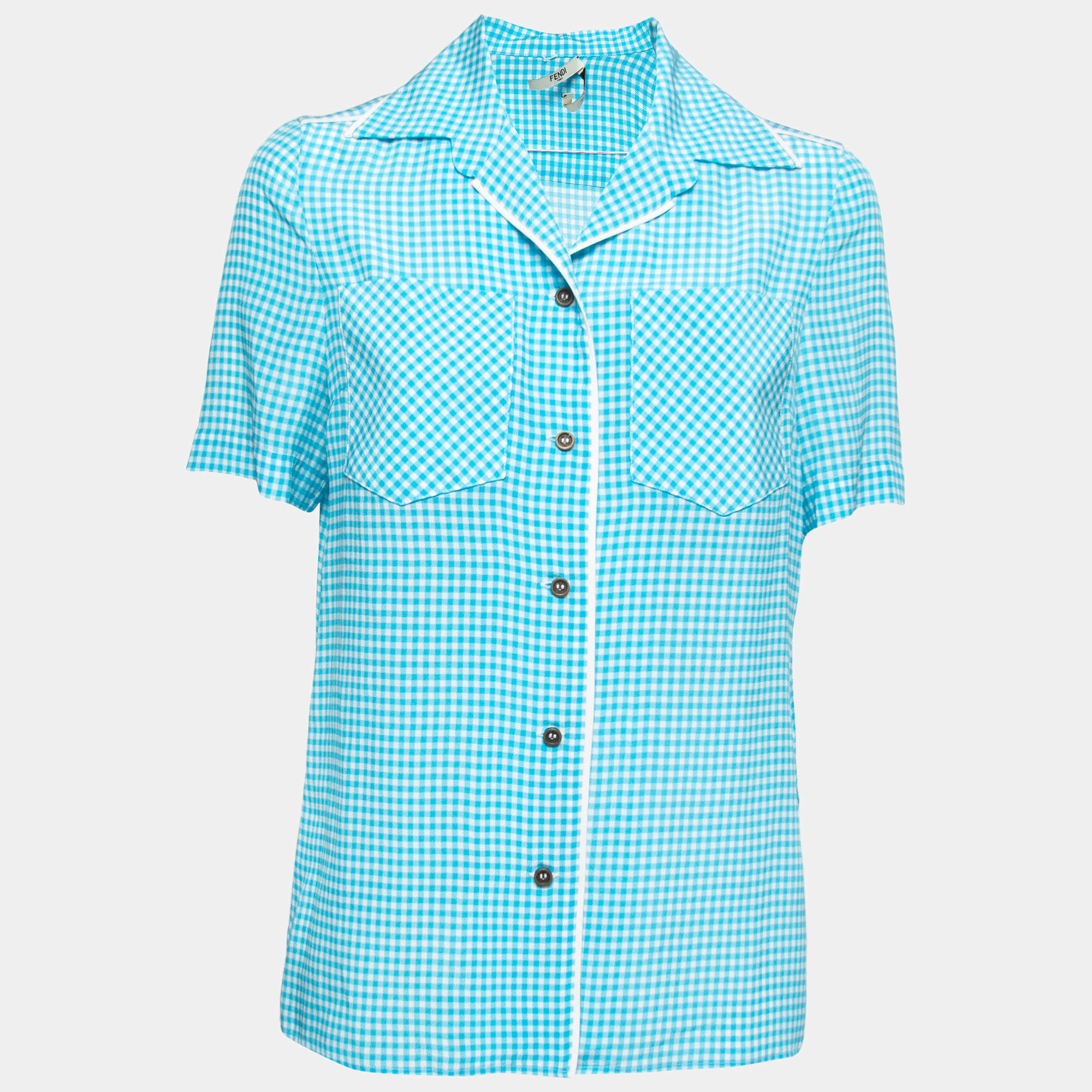Pre Owned Fendi Blue Checked Silk Pocketed Short Sleeve Shirt XS