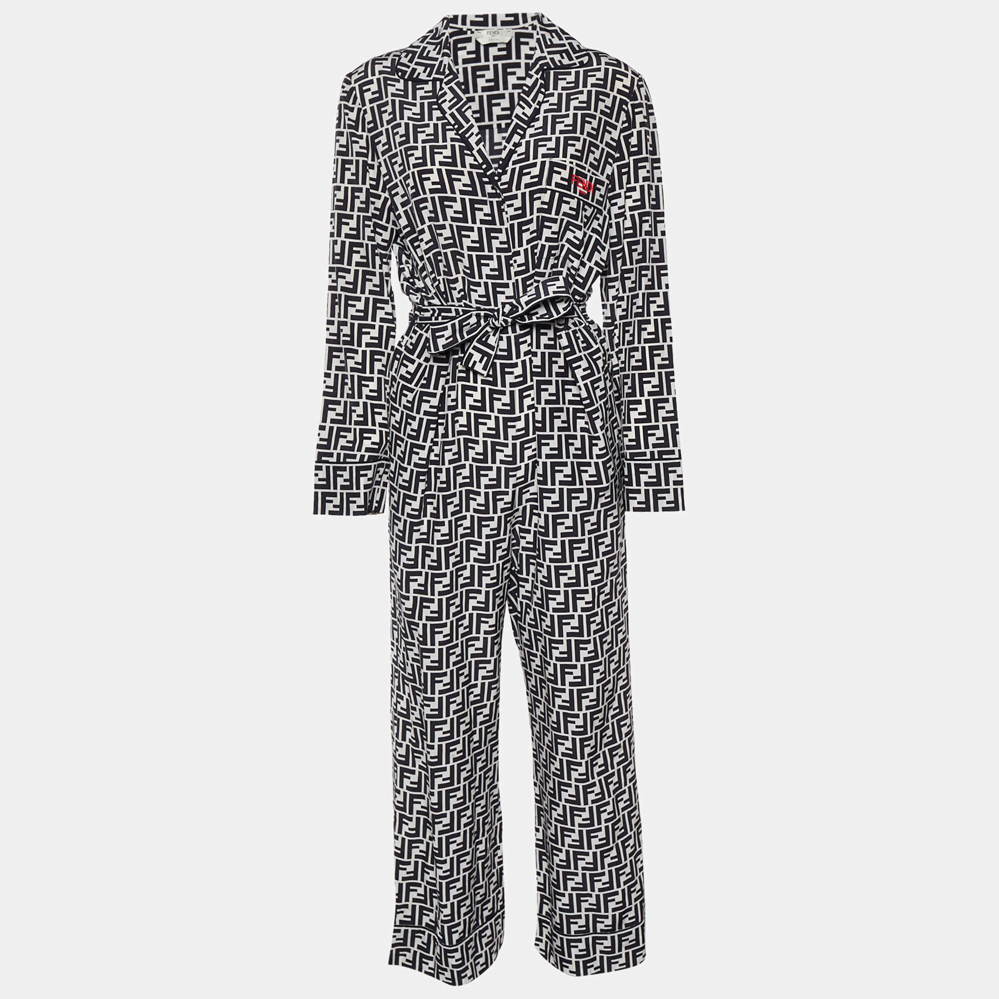 Fendi Monochrome Zucca Monogram Silk Belted Jumpsuit S