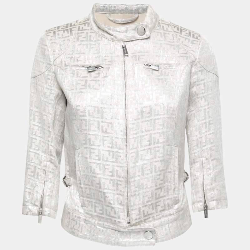 Pre Owned Fendi Vintage Metallic Jacquard Zucca Monogram Zip-Up Jacket S