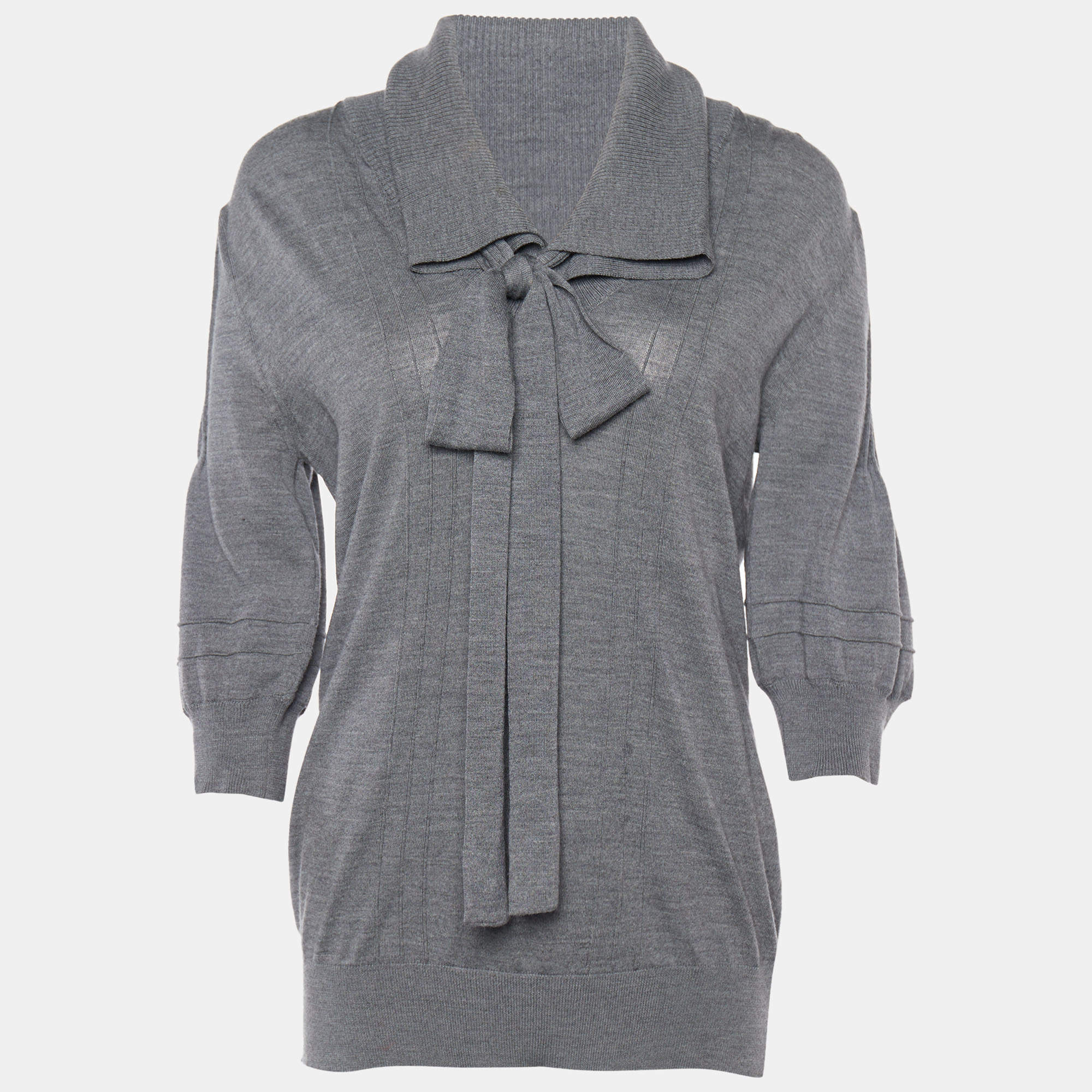 Pre Owned Fendi Grey Wool Neck Tie Detail Pullover L