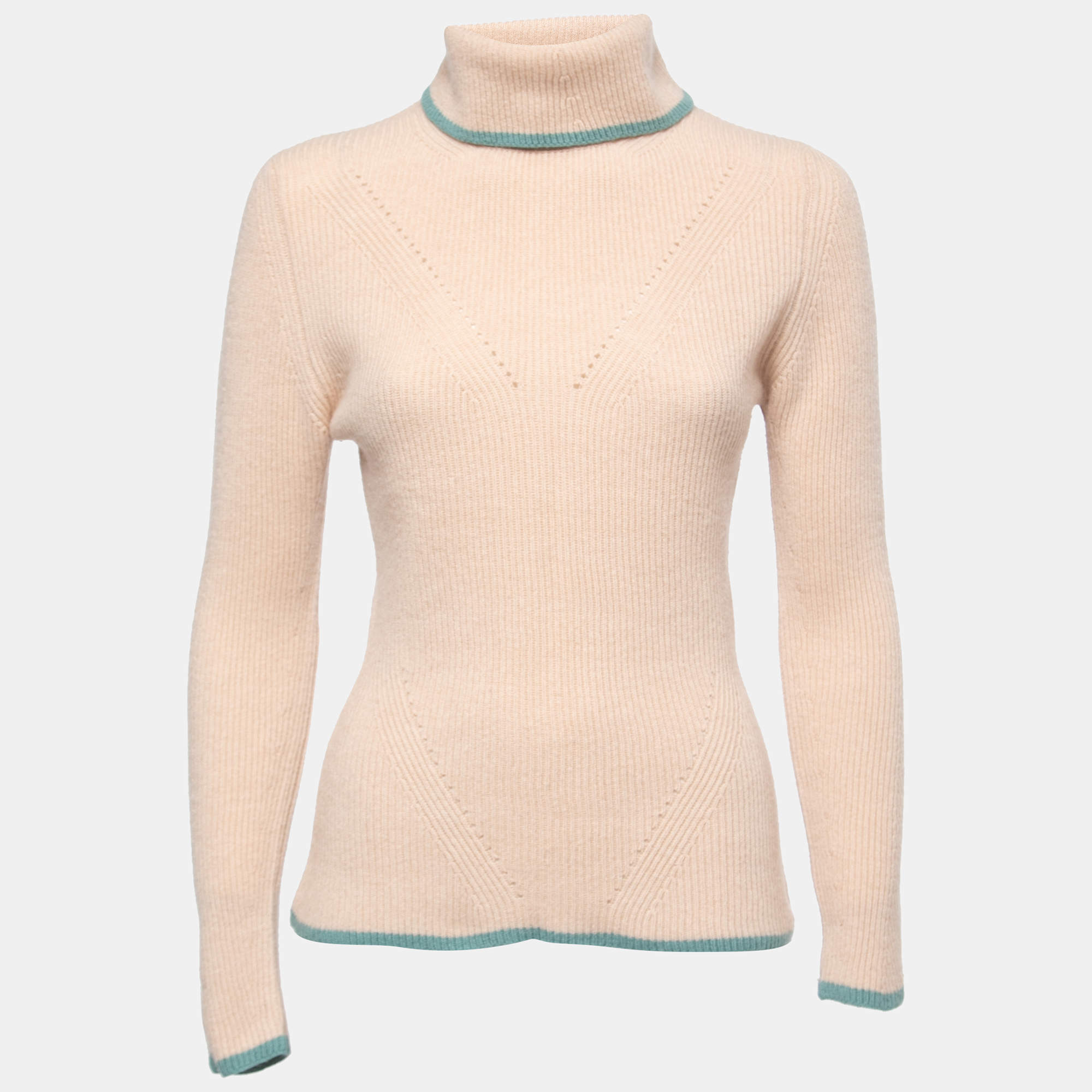 Pre Owned Fendi Beige Cashmere Pointelle Stitch Turtle Neck Rib Sweater S