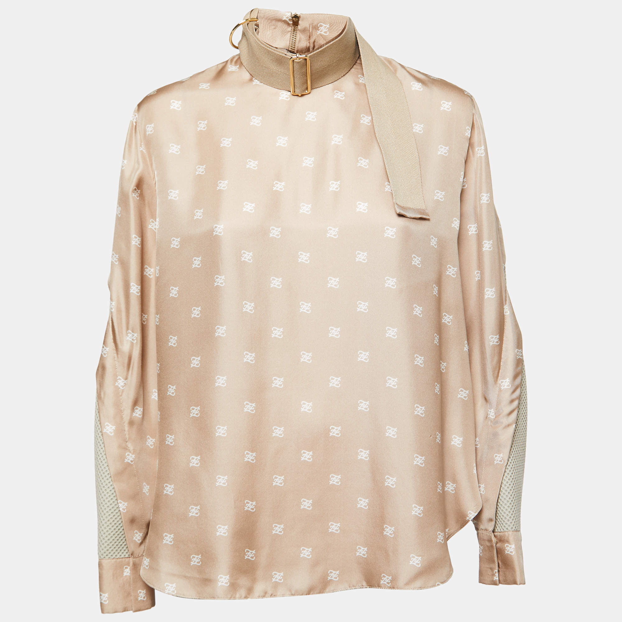 Pre Owned Fendi Beige Calligraphy Print Belted Collar Detail Blouse S