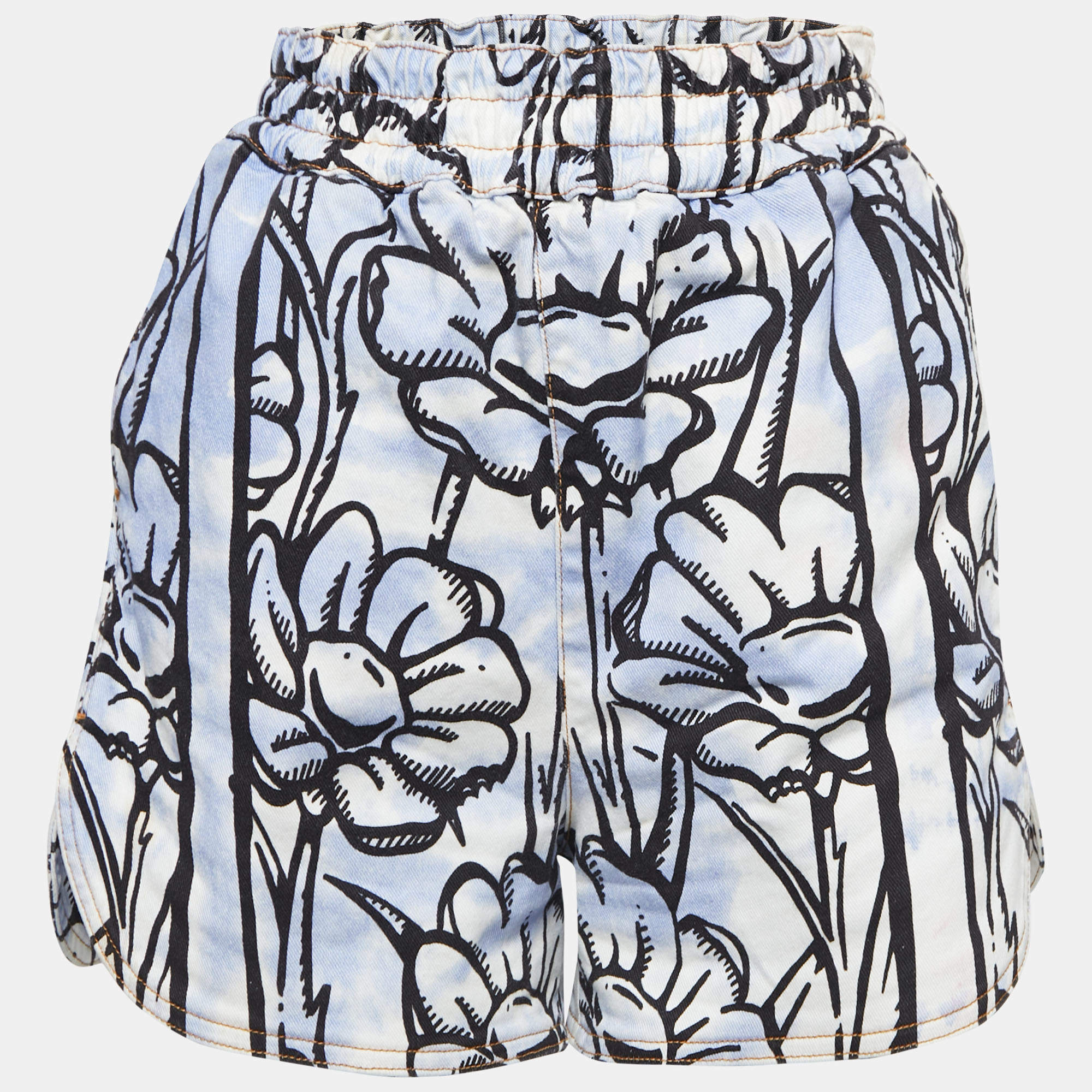 Fendi White Floral Print Denim Elasticised Waist Short S