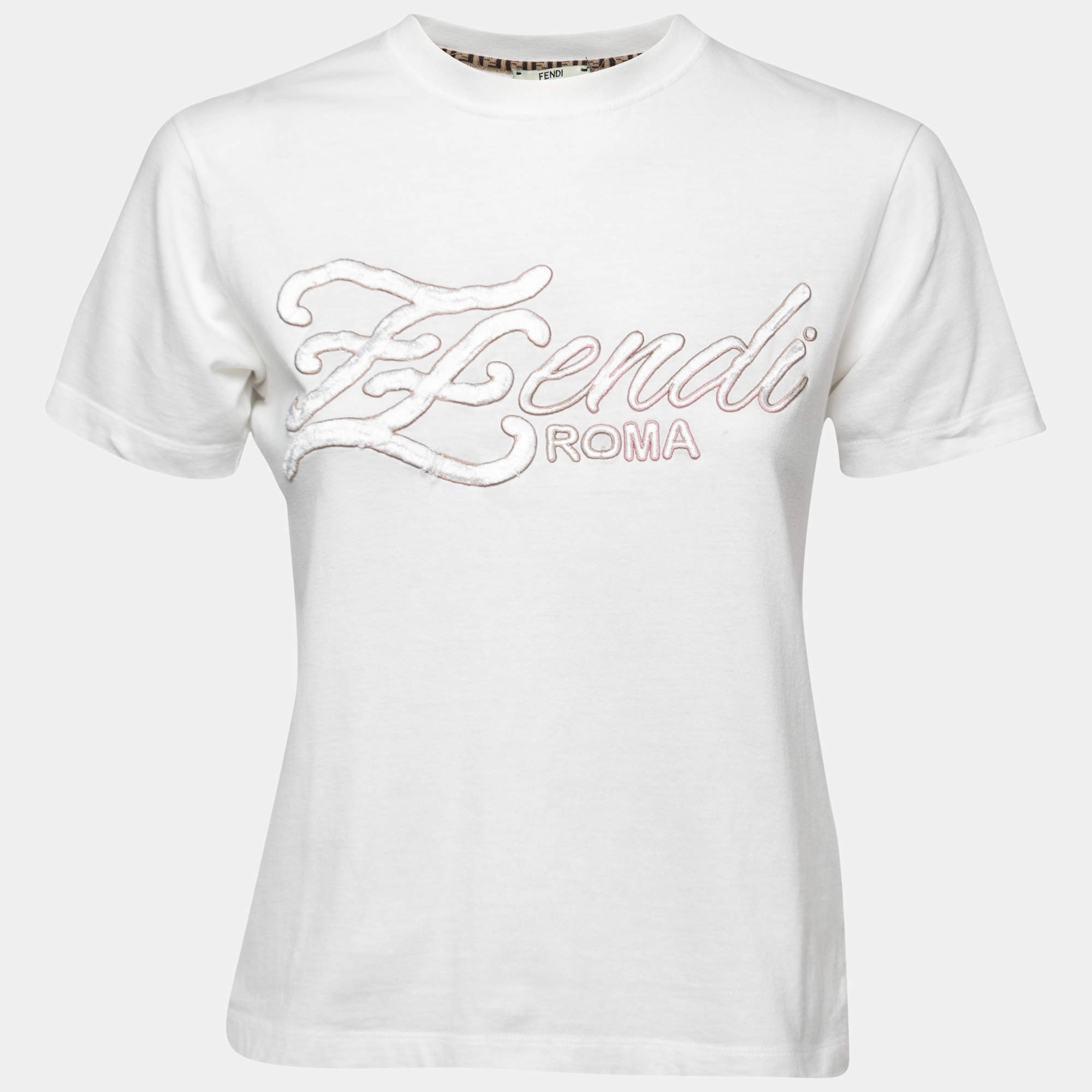 Pre Owned Fendi White Cotton Logo Embroidered Short Sleeve T-Shirt XS
