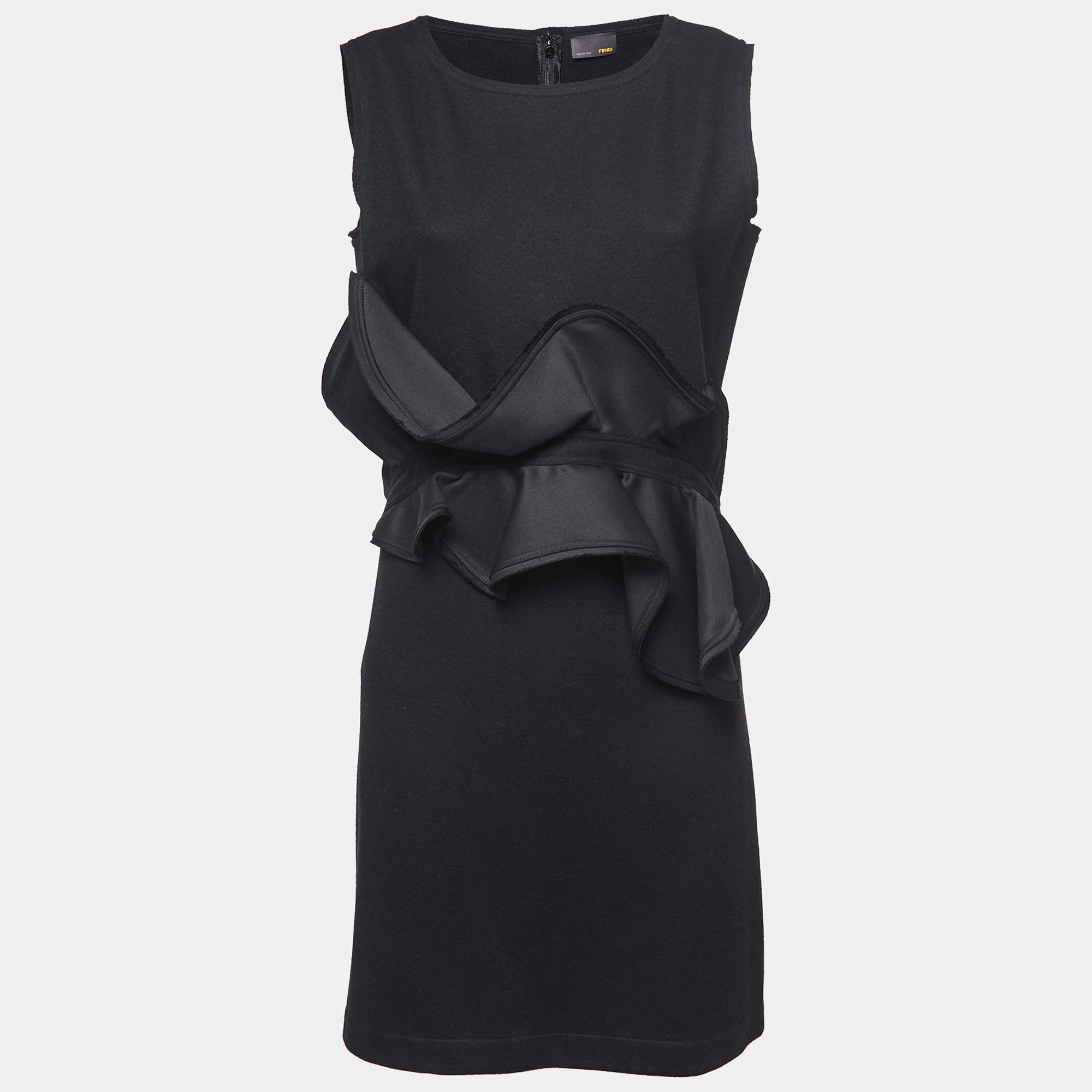 Pre Owned Fendi Black Wool Ruffle Detailed Short Dress M