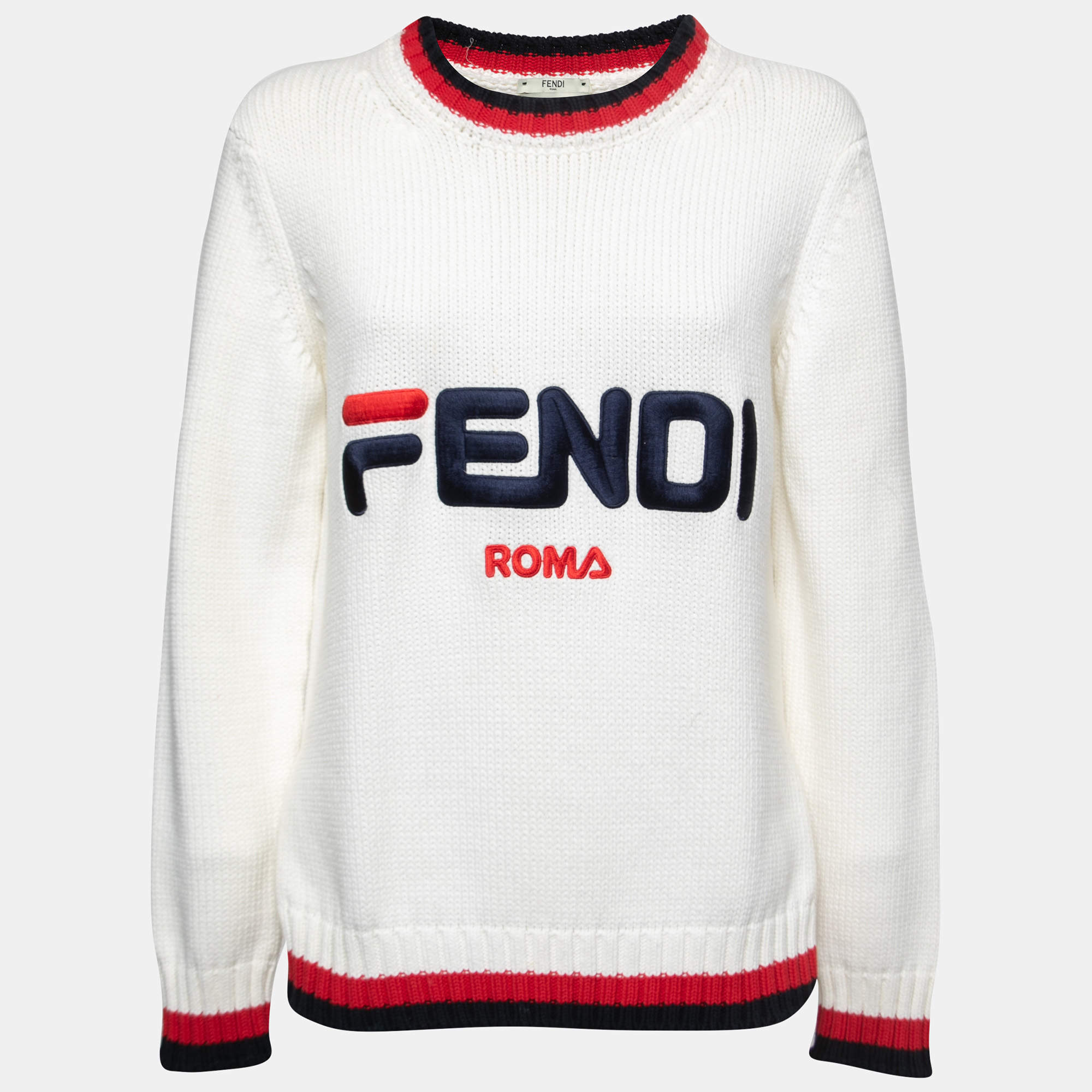 Fendi White Cotton Knit Embroidered Logo Sweater S