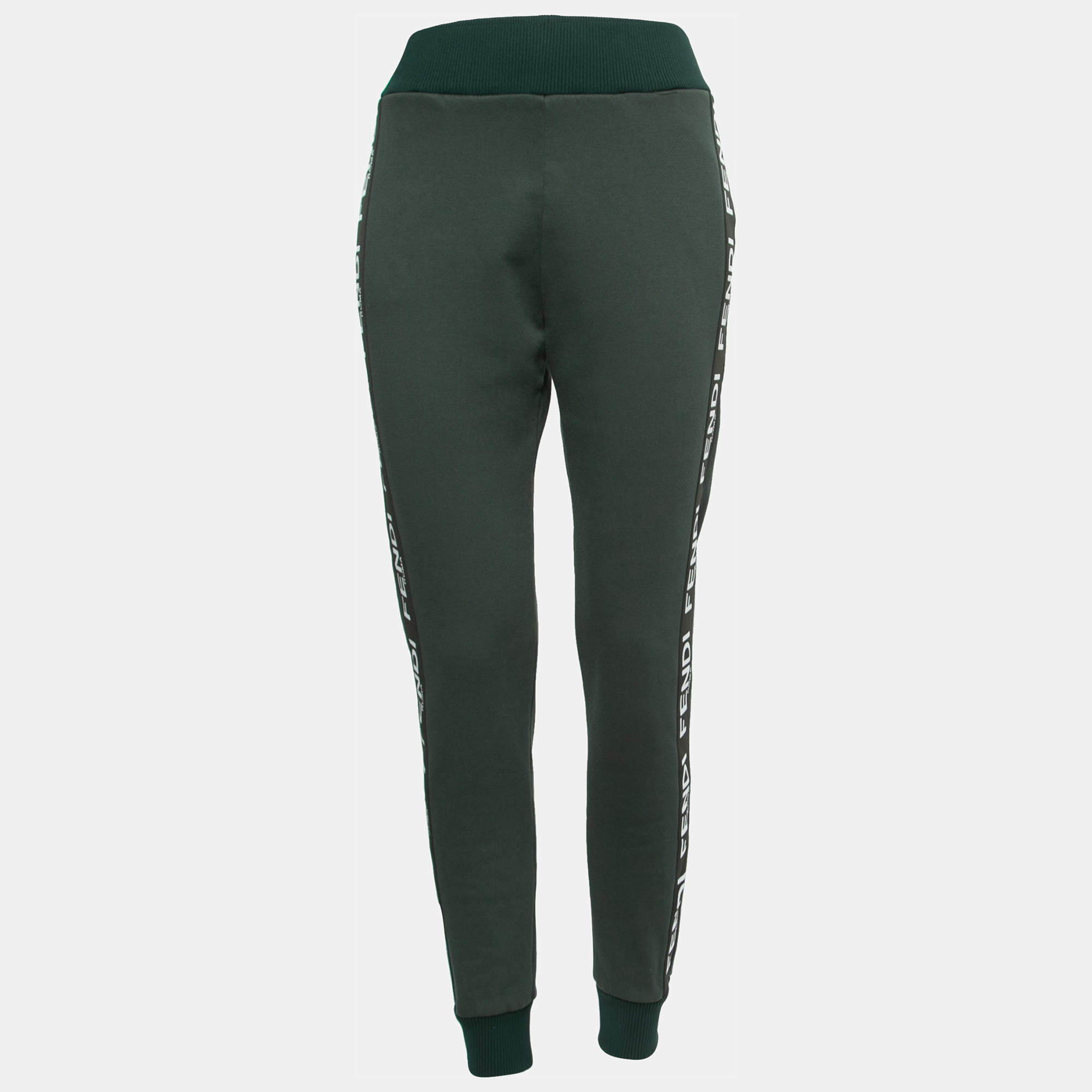 مملوكة مسبقًا Fendi Dark Green Cotton Knit Logo Side Stripe Track Pants M