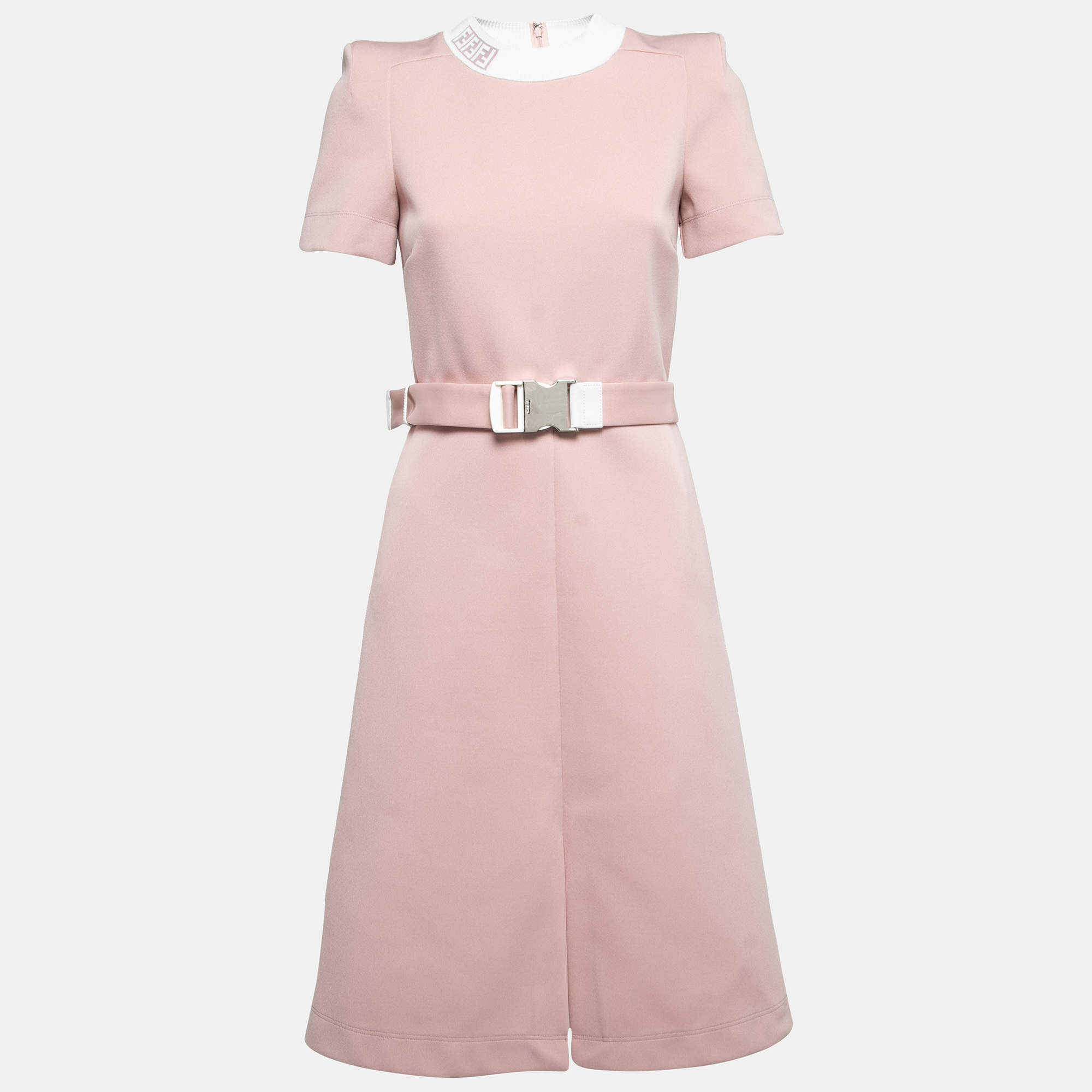 Pre Owned Fendi Dusty Pink Knit Logo Trimmed Belted Shift Midi Dress S