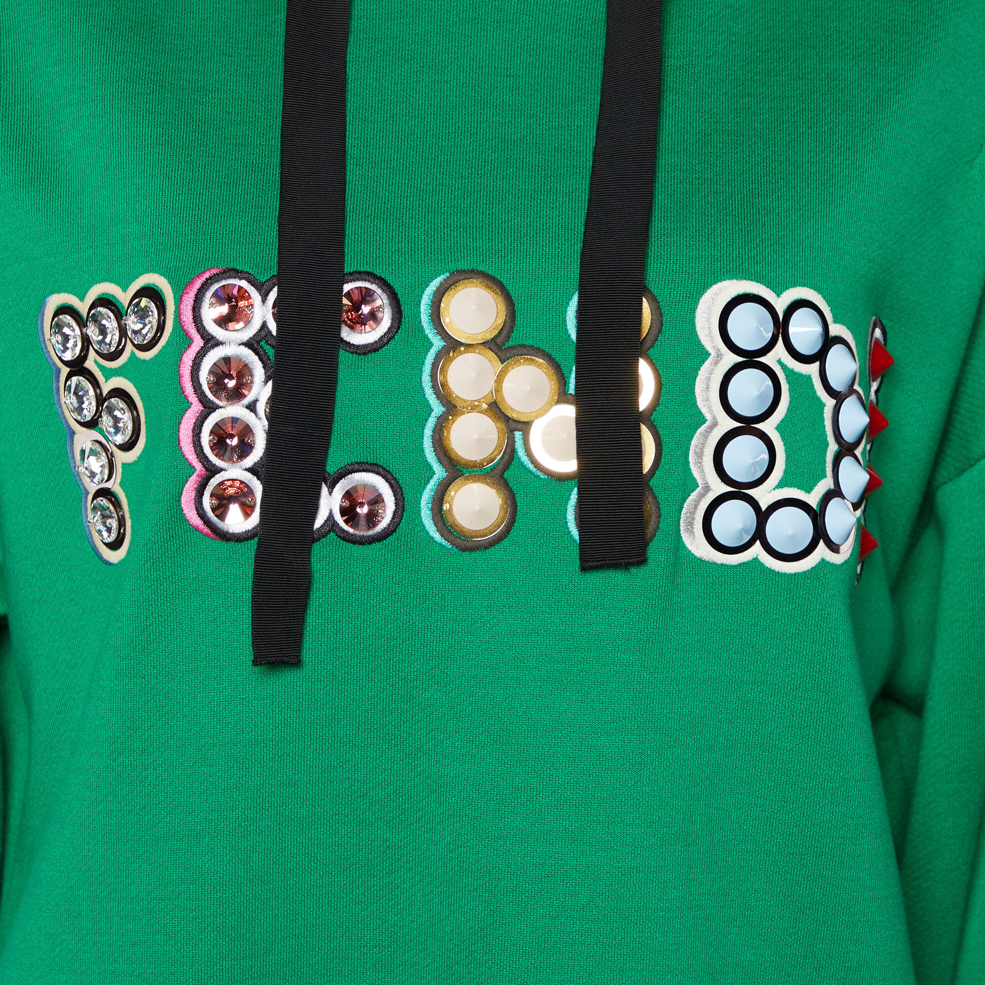 Fendi Green Logo Embellished Cotton Knit Asymmetric hem Hooded