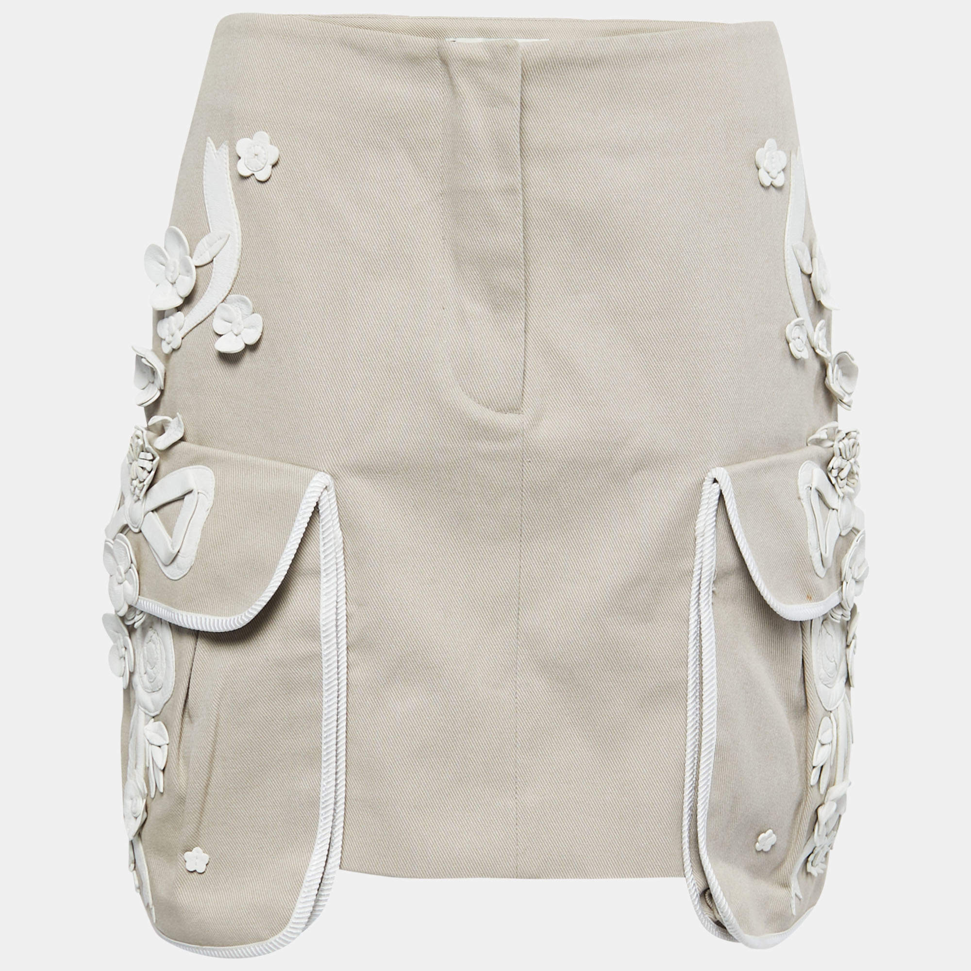 Pre Owned Fendi Beige Cotton Floral Embellished Pocket Detail Mini Skirt S