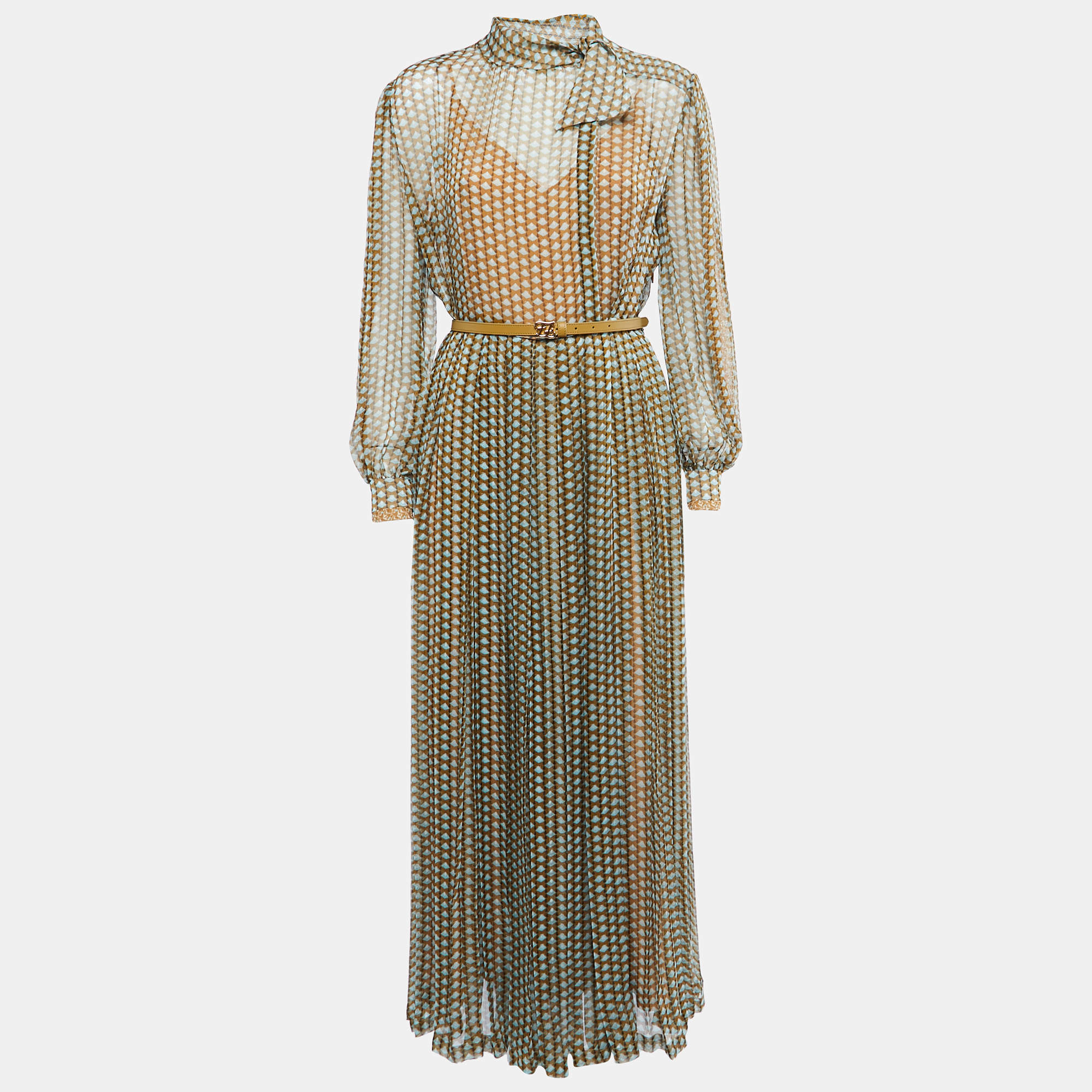 مملوكة مسبقًا Fendi Olive Green Printed Pleated Silk Belted Maxi Dress M