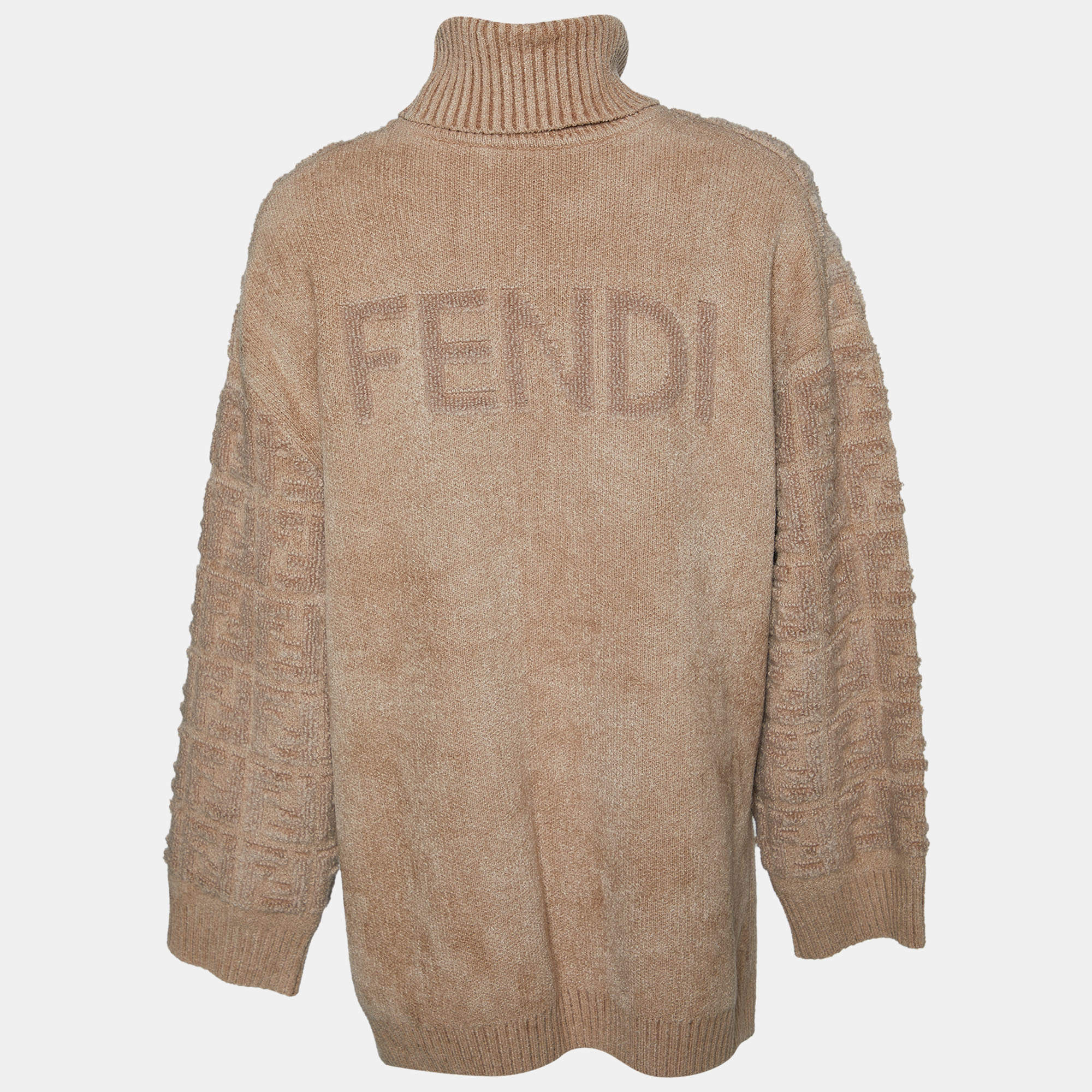 Fendi Light Brown Wool Knit Logo Monogram Turtleneck Sweater M