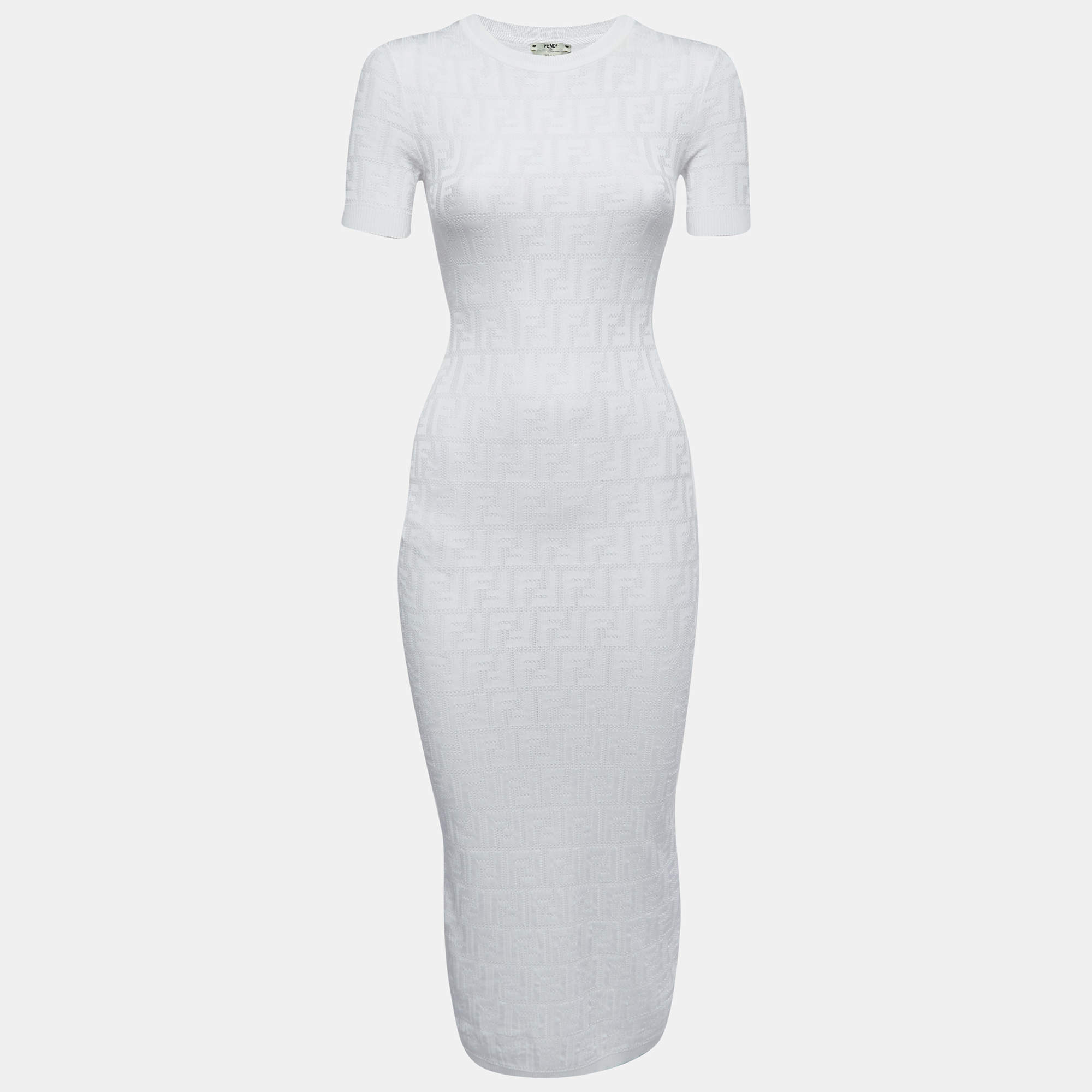 Fendi White FF Monogram Knit Midi Sheath Dress XS