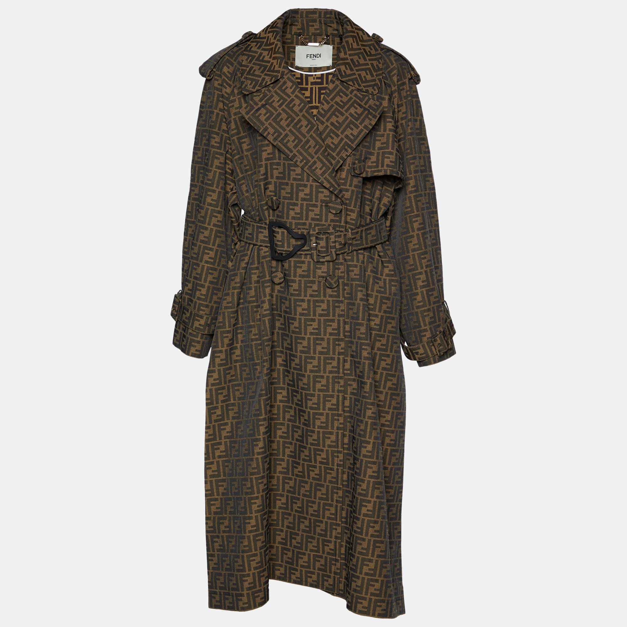 Pre Owned Fendi Brown Zucca Monogram Canvas Belted Trench Coat M