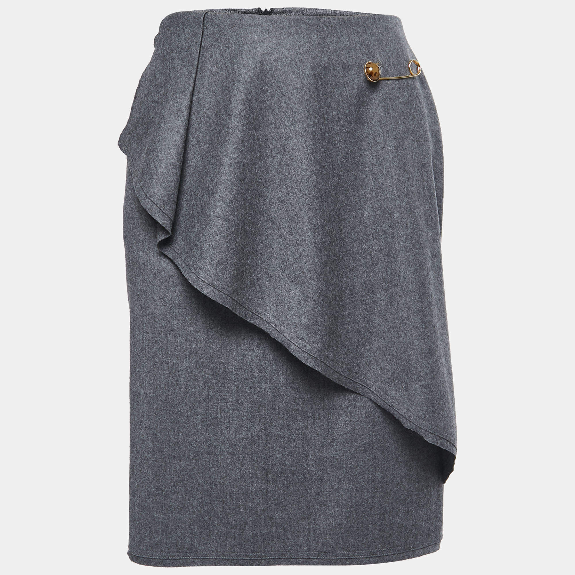 Fendi Vintage Grey Wool Drape Detail Knee Length Skirt S