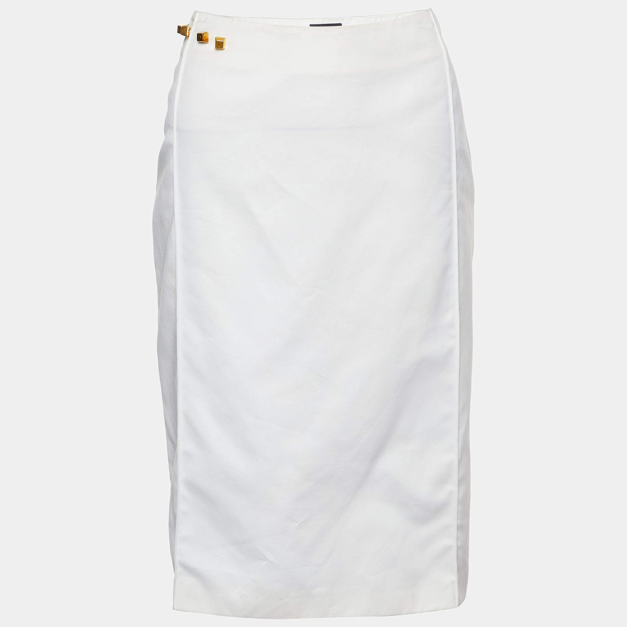 Pre Owned Fendi White Cotton Blend Pencil Skirt L