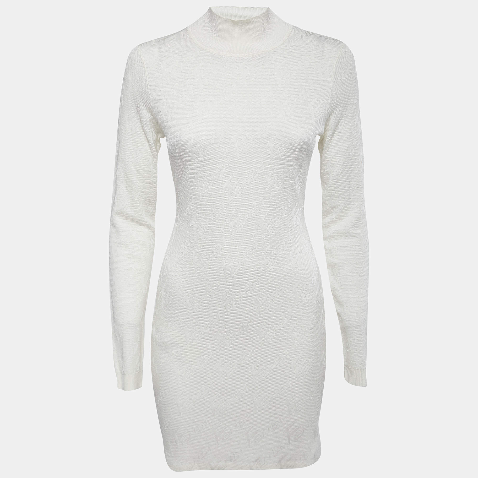 Pre Owned Fendi White Knit Brush Monogram Bodycon Dress M