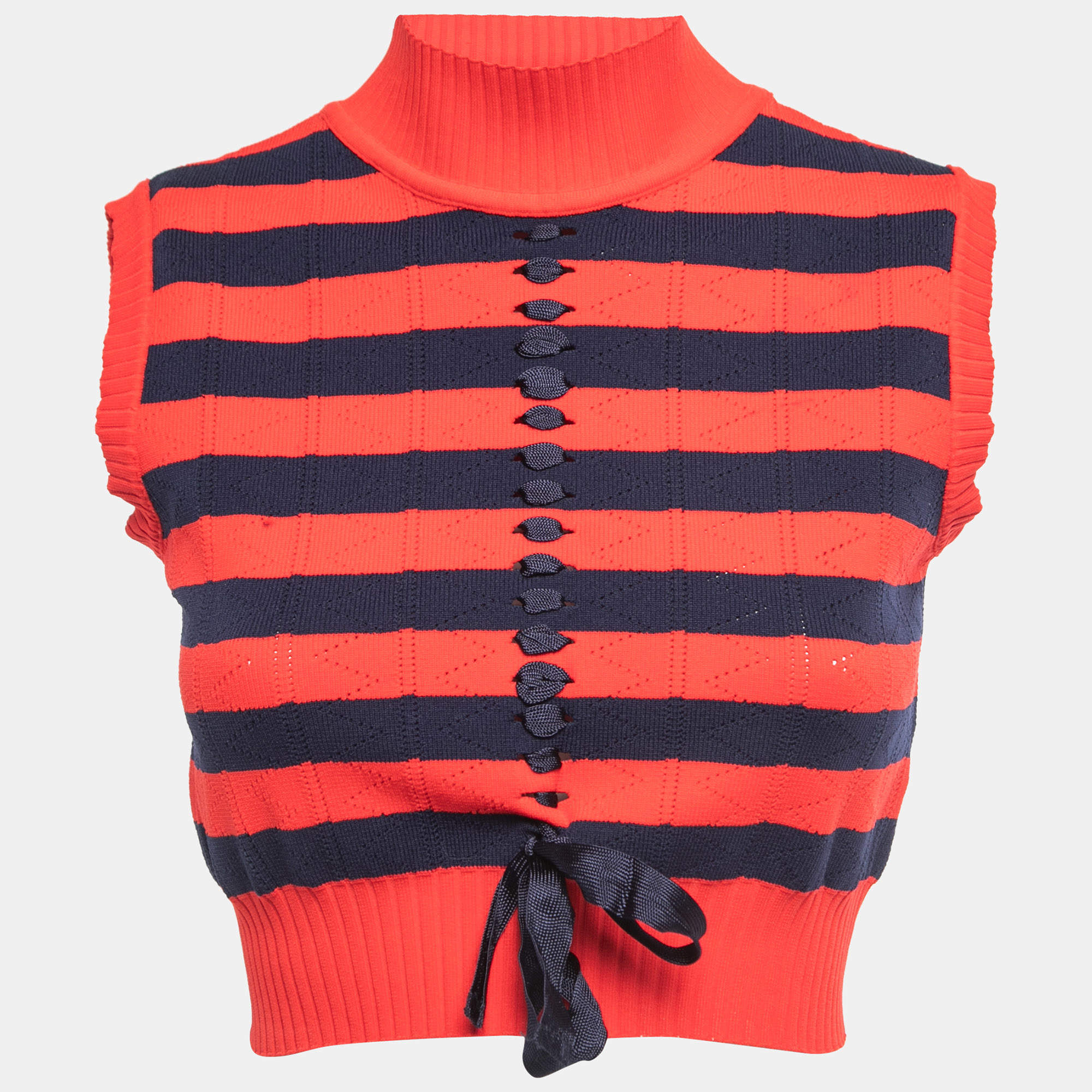 Pre Owned Fendi Red/Navy Blue Striped Knit Cropped Top S