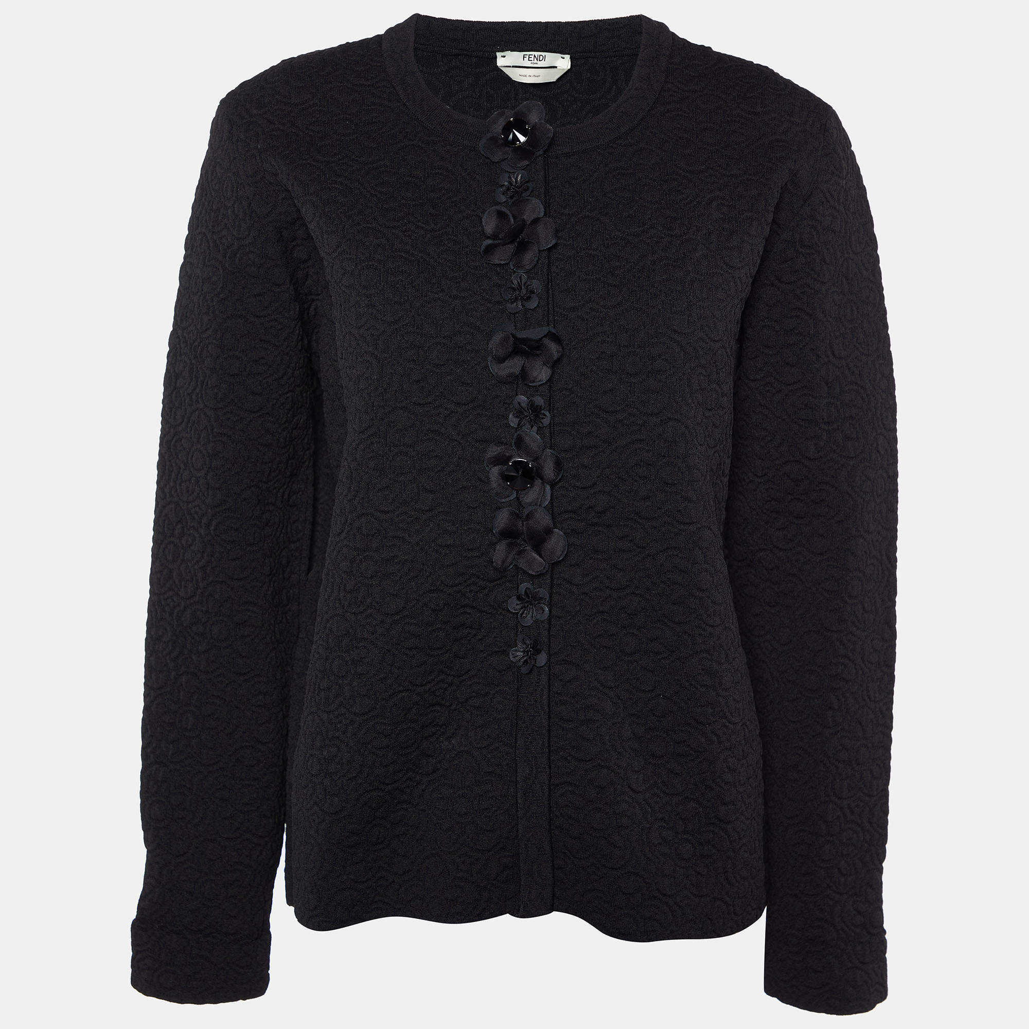 Pre Owned Fendi Black Floral Jacquard Button Front Cardigan L