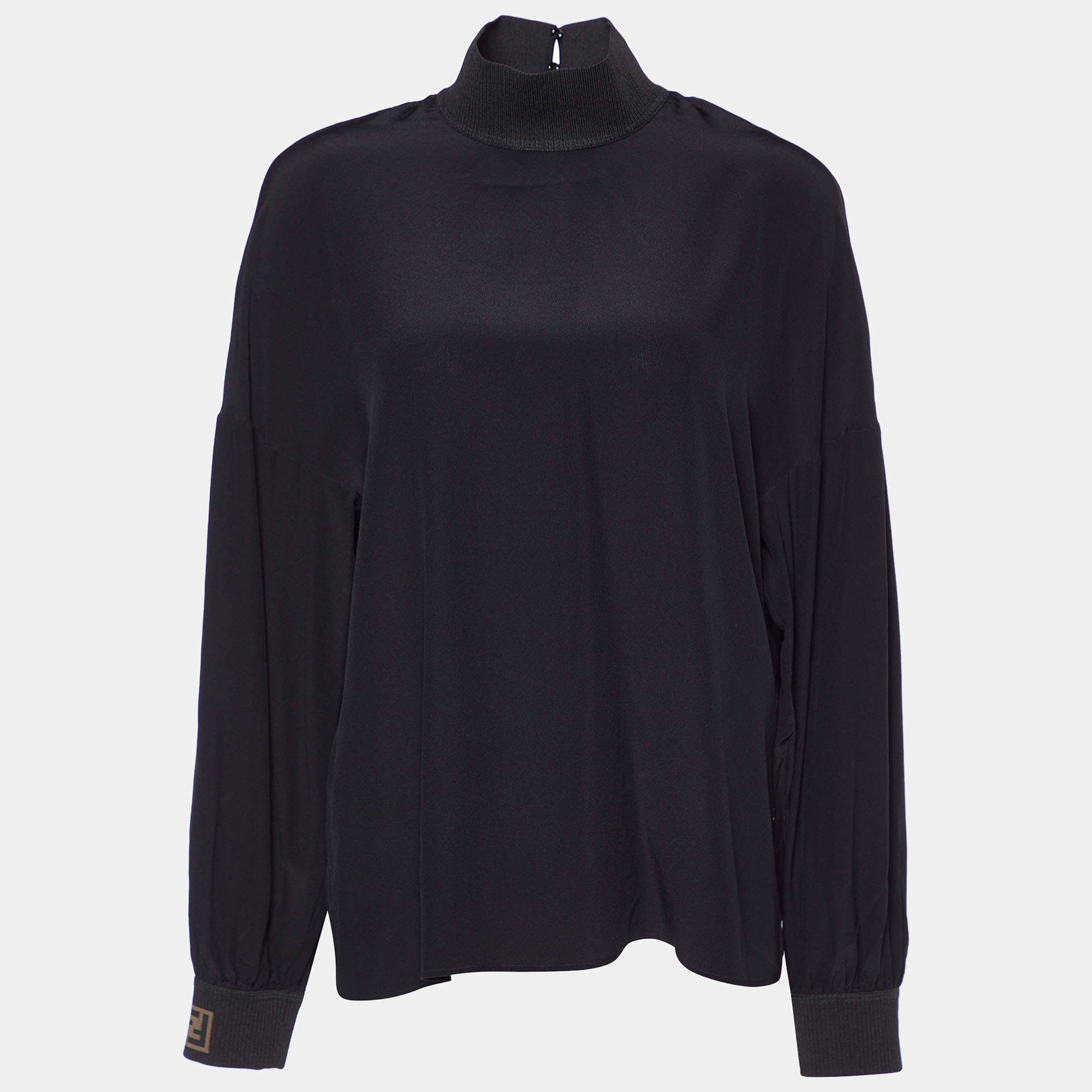 Pre Owned Fendi Black Silk & Logo Knit Detail Top M
