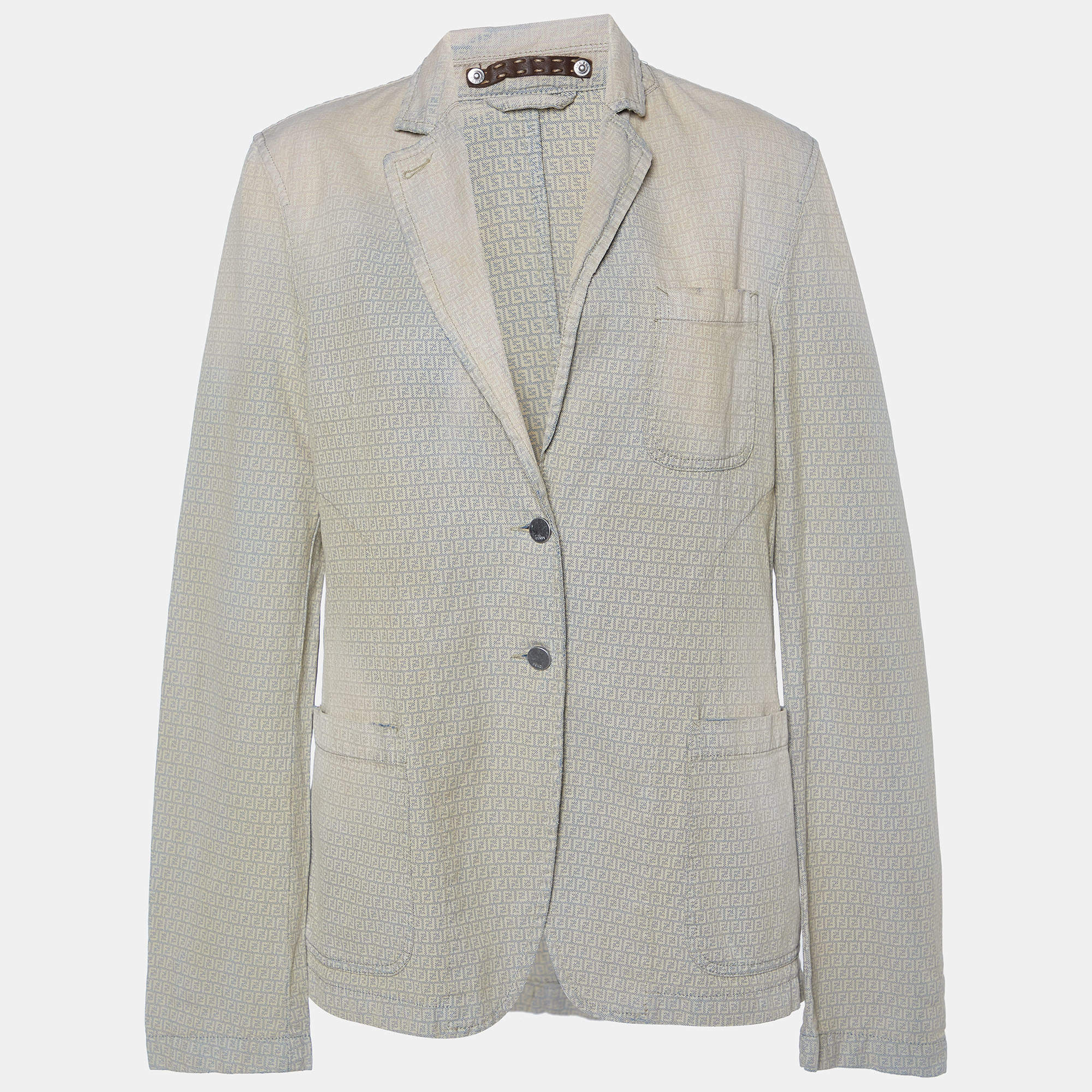 Pre Owned Fendi Beige Distressed Logo Monogram Denim Jacket L