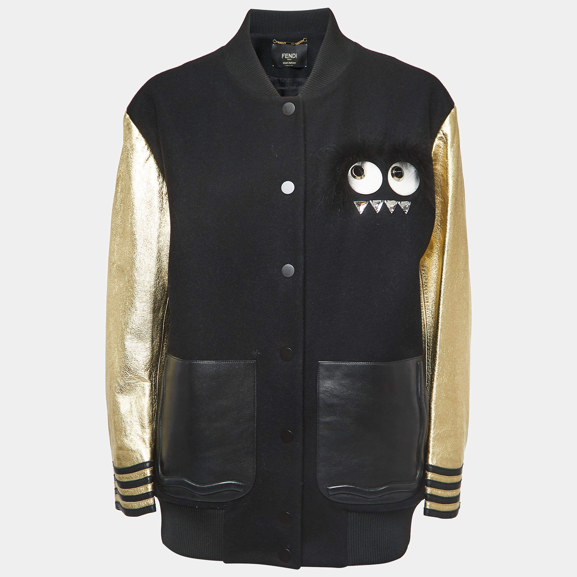 مملوكة مسبقًا Fendi Black Wool & Gold Leather Sleeve Bomber Jacket M