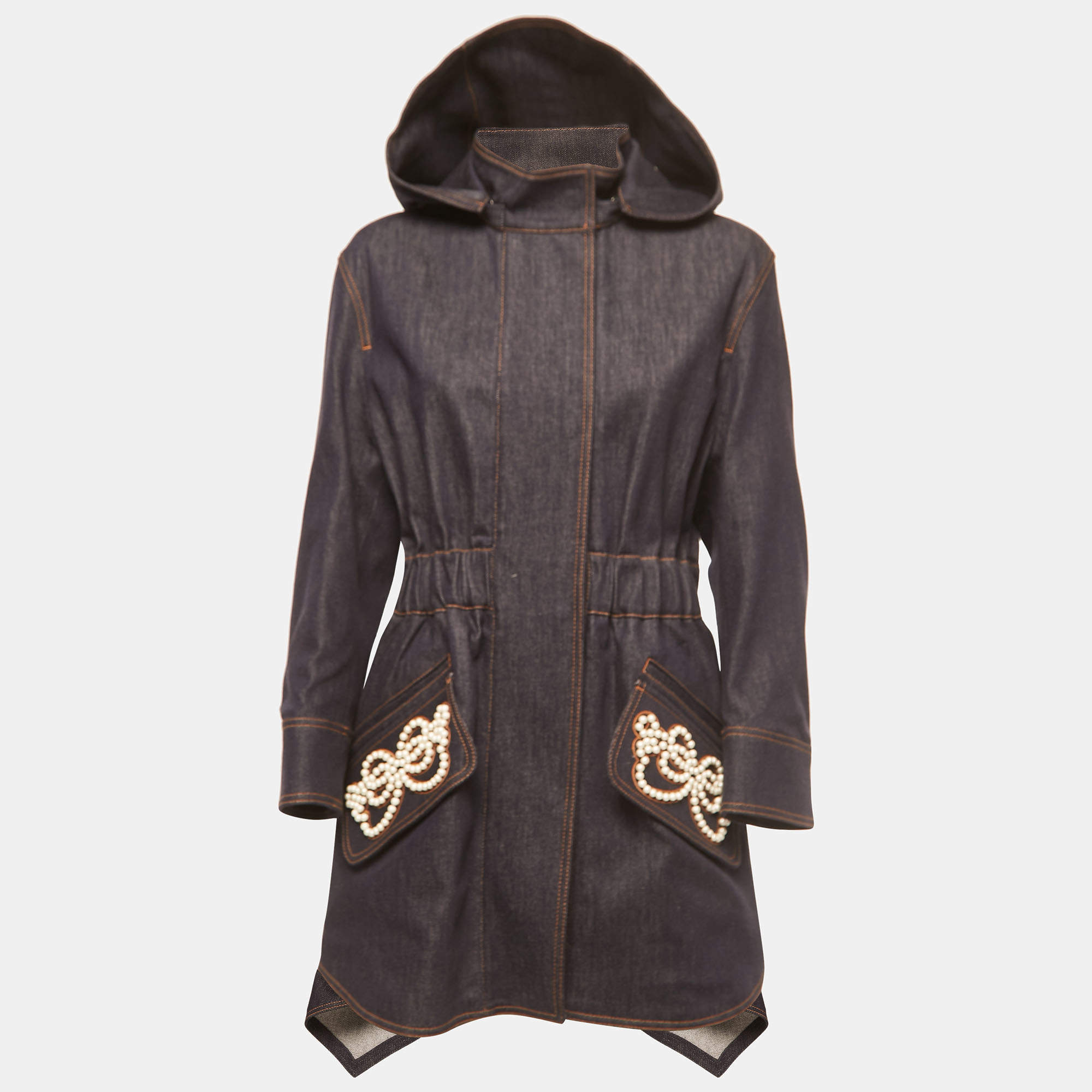 Pre Owned Fendi  Blue Denim Embellished Bow Detail Hooded Jacket S