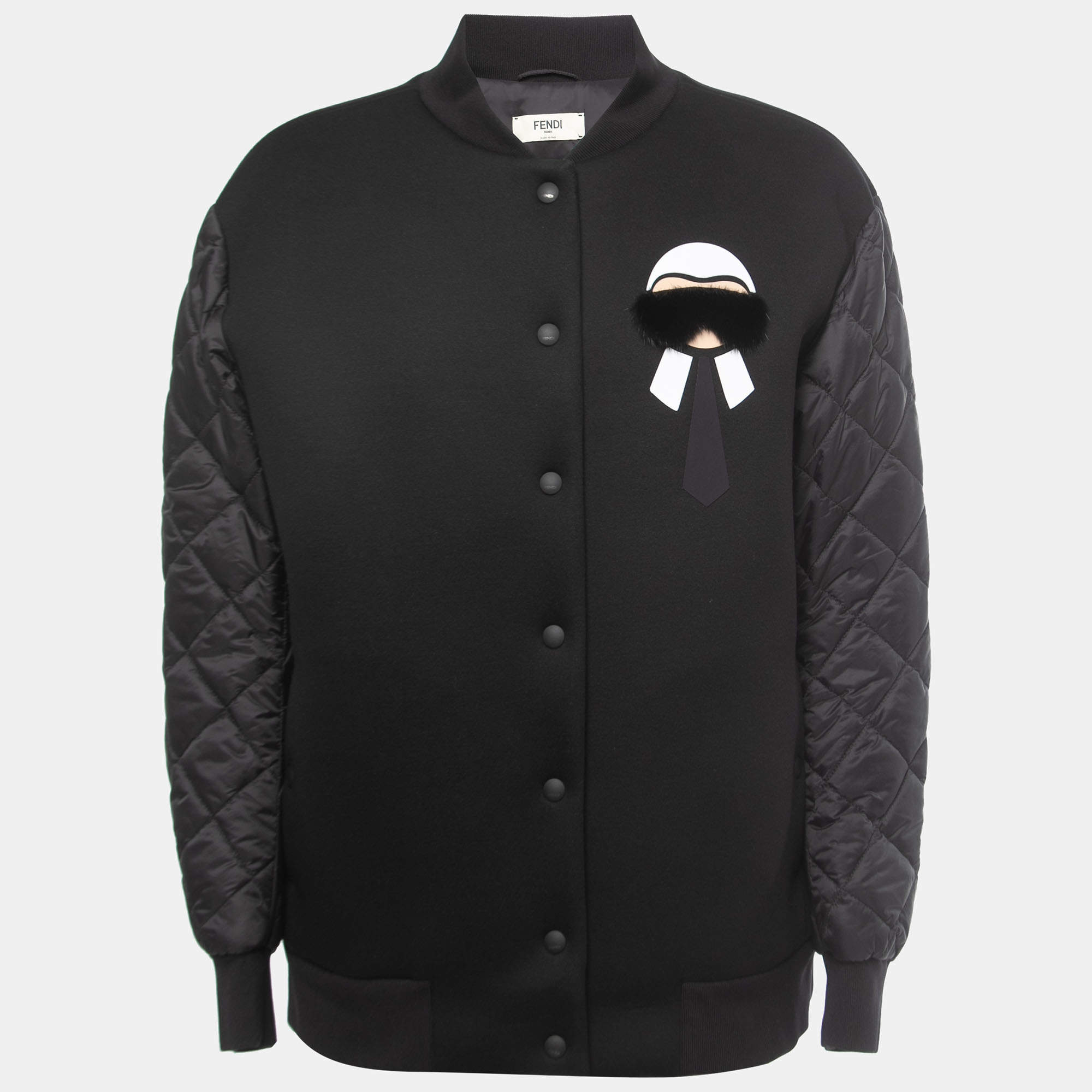 Pre Owned Fendi Karlito Black Logo Applique Detail Quilted Down Bomber Jacket M
