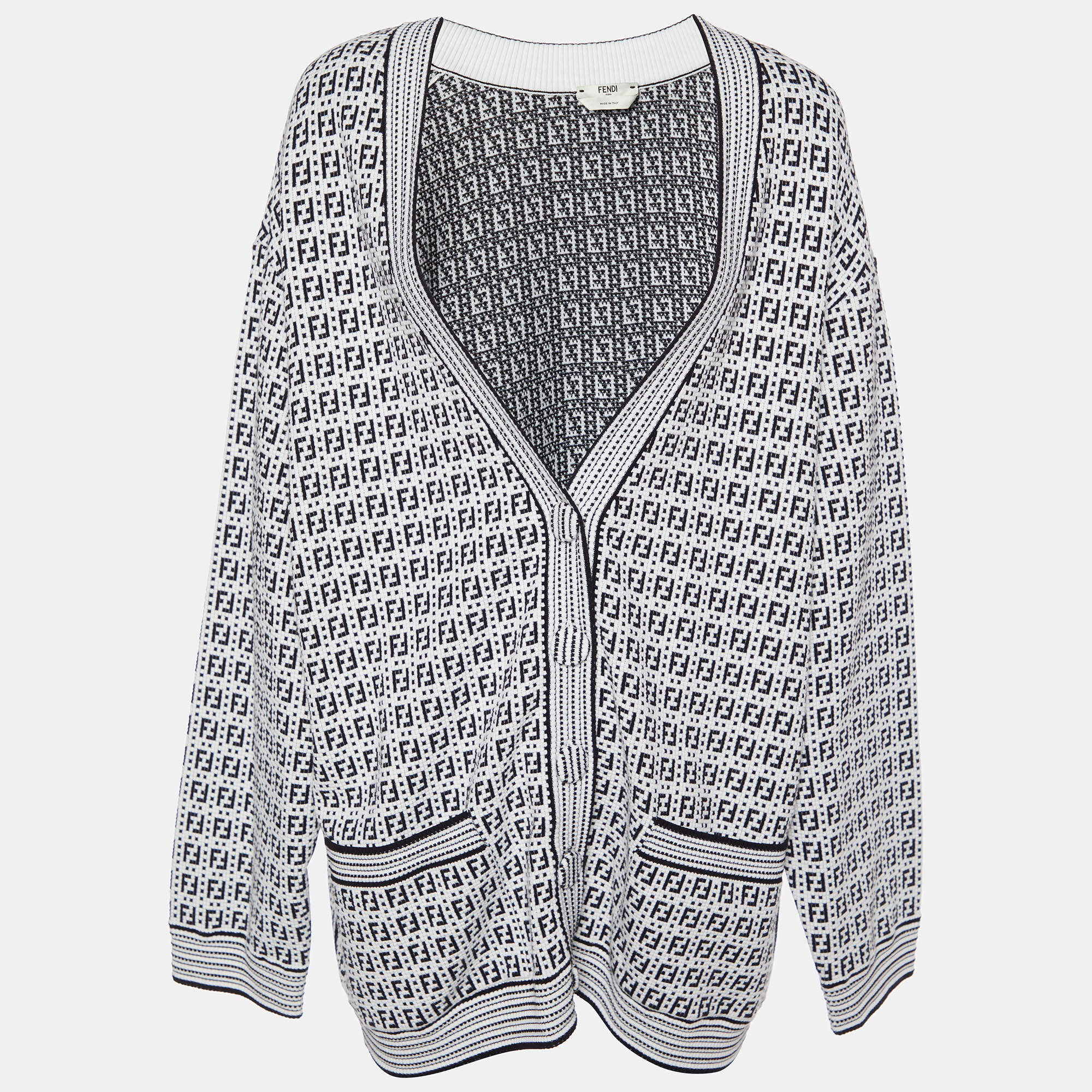 مملوكة مسبقًا Fendi Moochrome Zucca Pattern Knit Oversized Cardigan XL