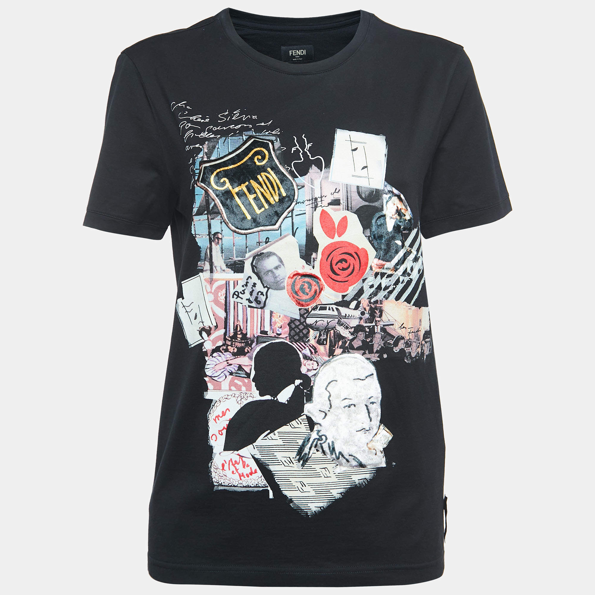 Pre Owned Fendi Black Print Cotton Patch Detailed Short Sleeve T-Shirt S