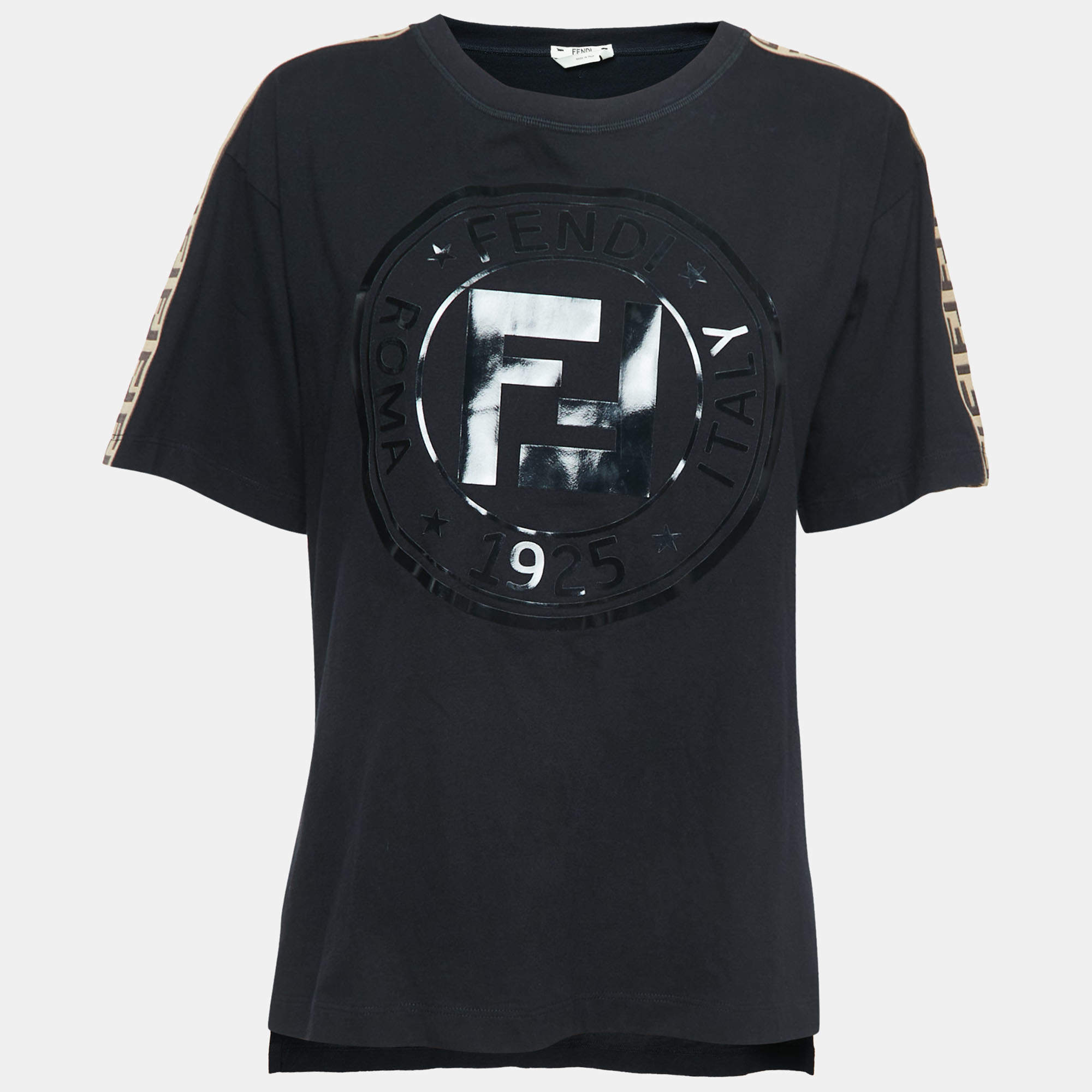 Pre Owned Fendi Black Logo Print Tape Detailed Half Sleeve T-Shirt S