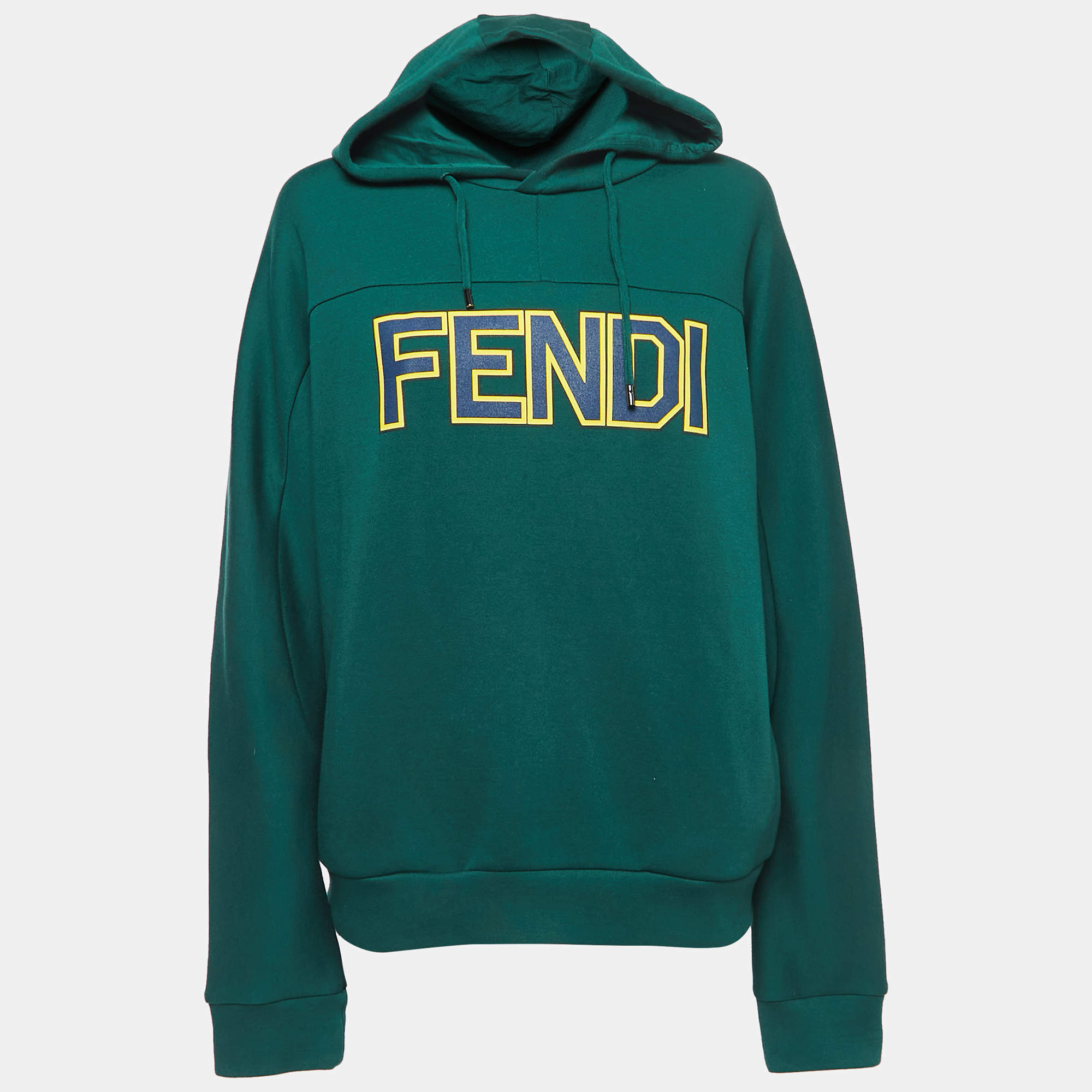 Pre Owned Fendi Dark Green Logo Print Cotton Blend Knit Hooded Sweatshirt L