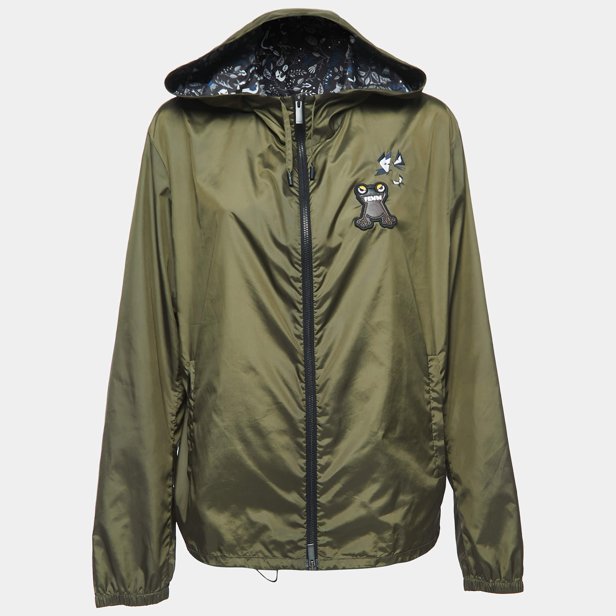 Pre Owned Fendi Military Green Synthetic Logo Patch Detailed Zip Front Jacket L