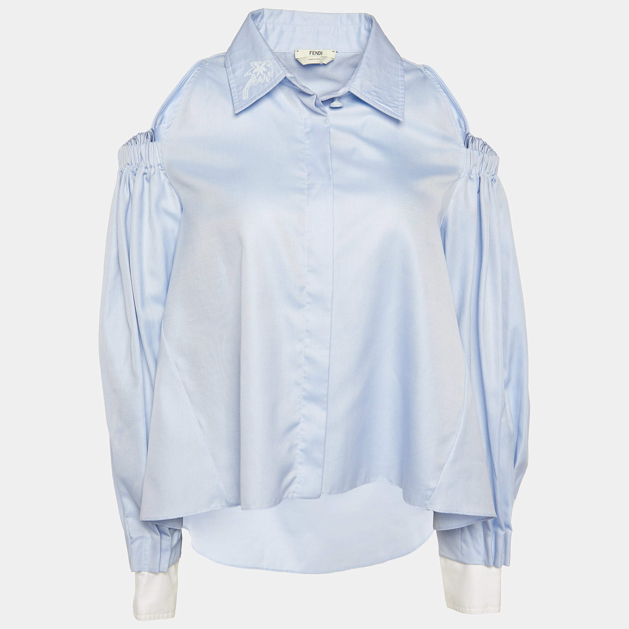 Pre Owned Fendi Blue Cotton Contrast Detail Cut Shoulder Shirt M