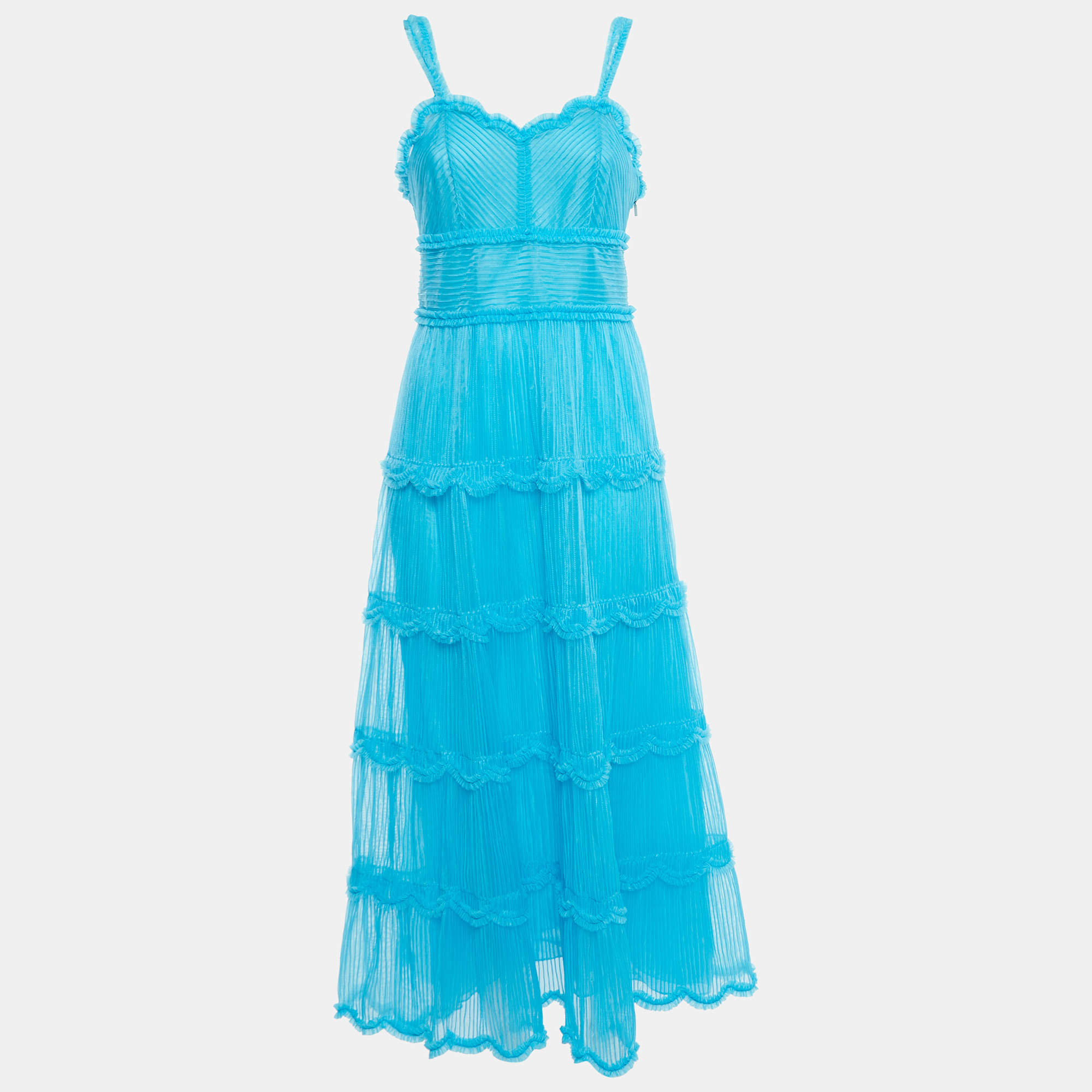 Pre Owned Fendi Blue Tulle Ruffle Trimmed Sleeveless Midi Dress S