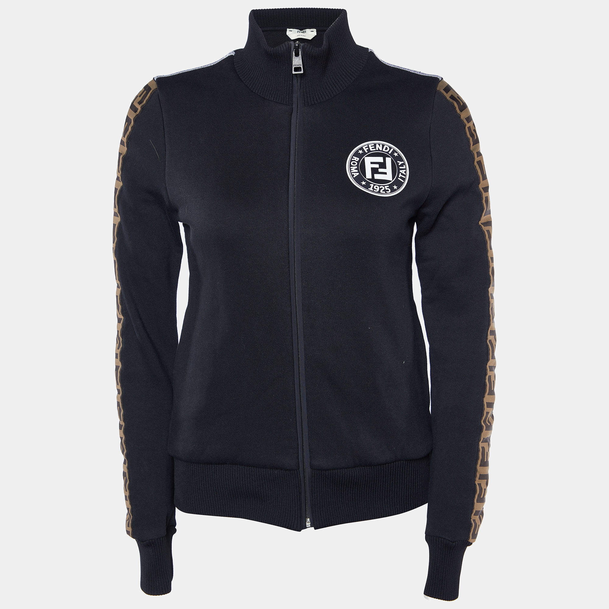 Pre Owned Fendi Black Cotton Logo Tape Zip Up Jacket S