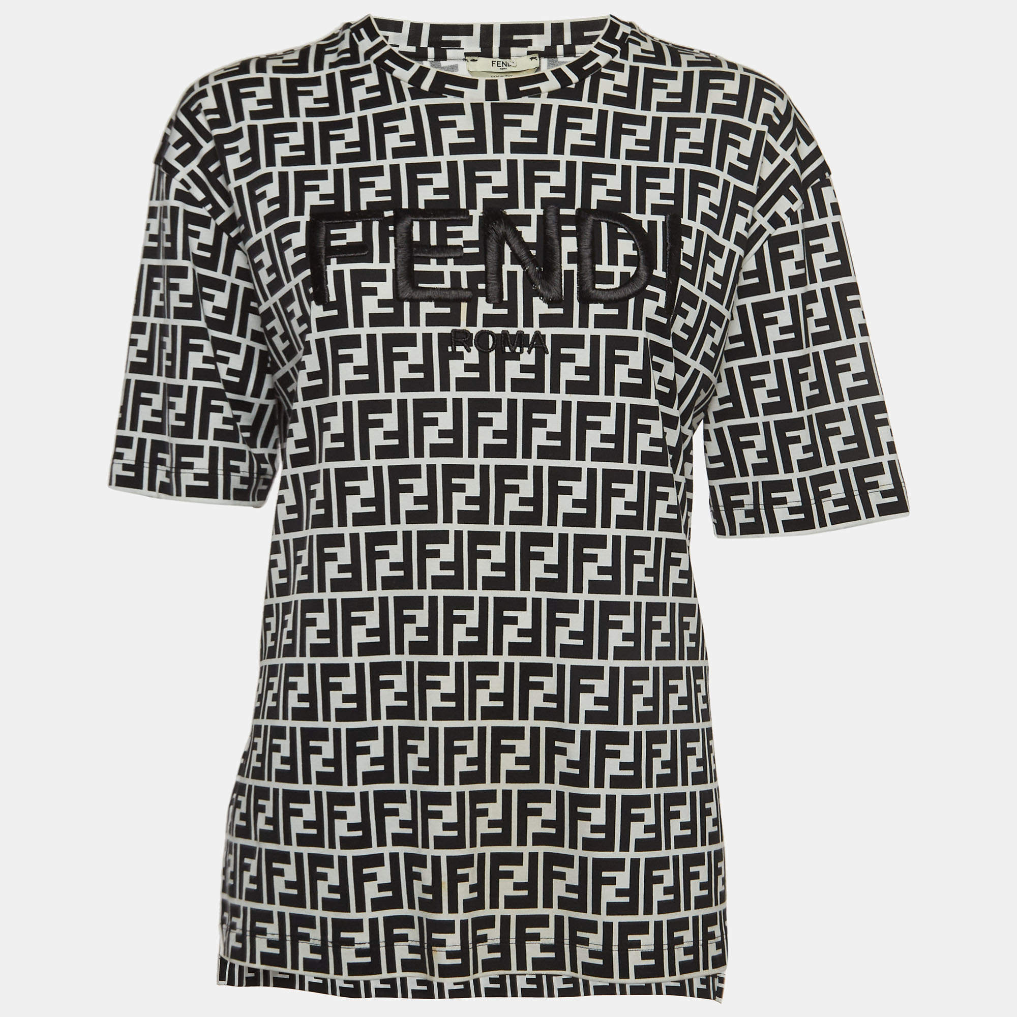 Fendi Black /White Logo Print and Embroidered Cotton T-Shirt S