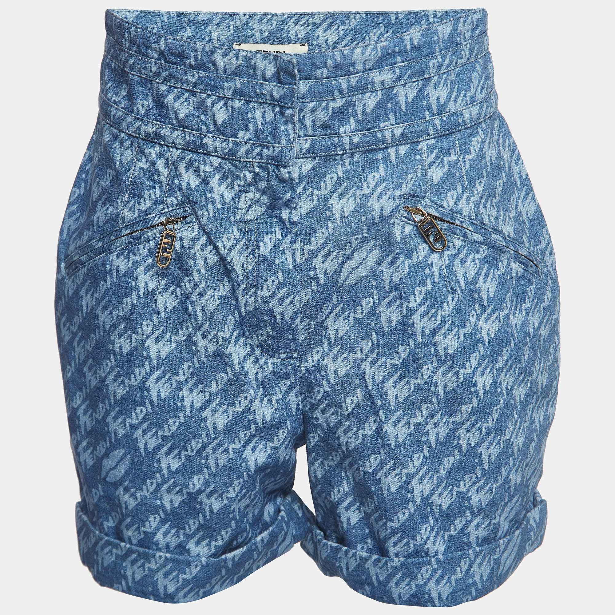 Fendi Blue Brushed Logo Denim High Rise Shorts M Waist 30''